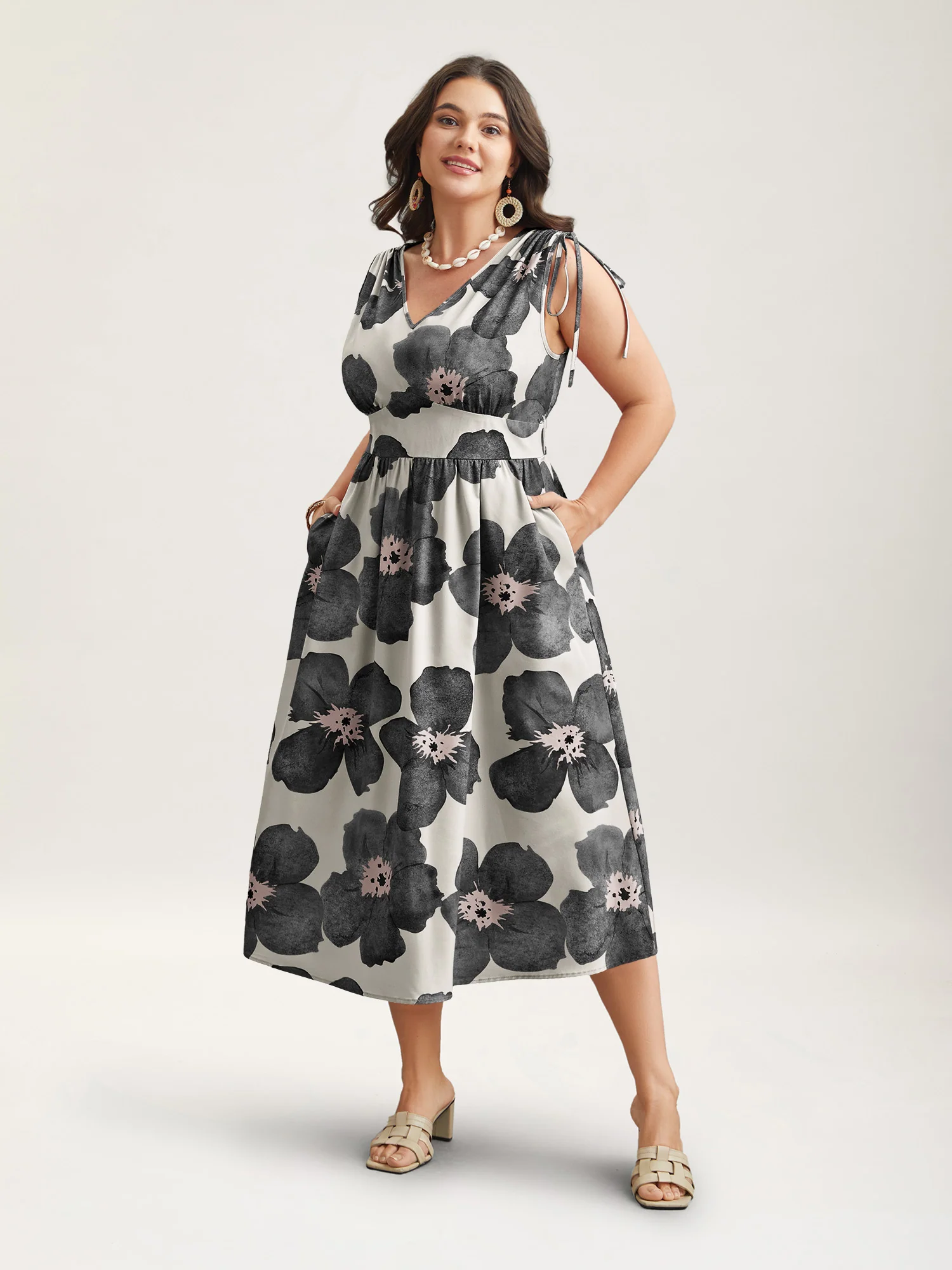 Floral Print V-Neck Tied Midi Dress - Image 2