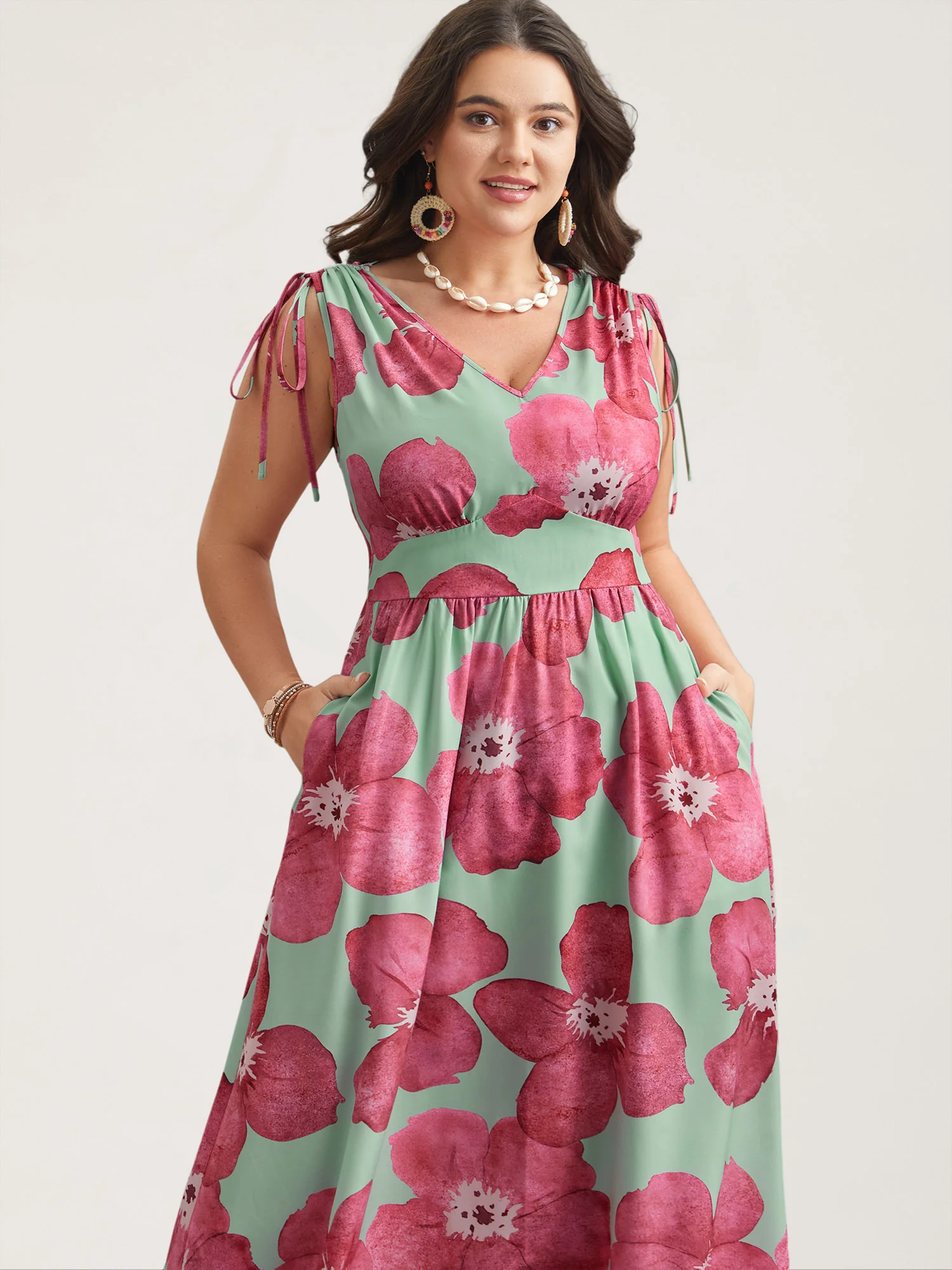 Floral Print V-Neck Tied Midi Dress - Image 5