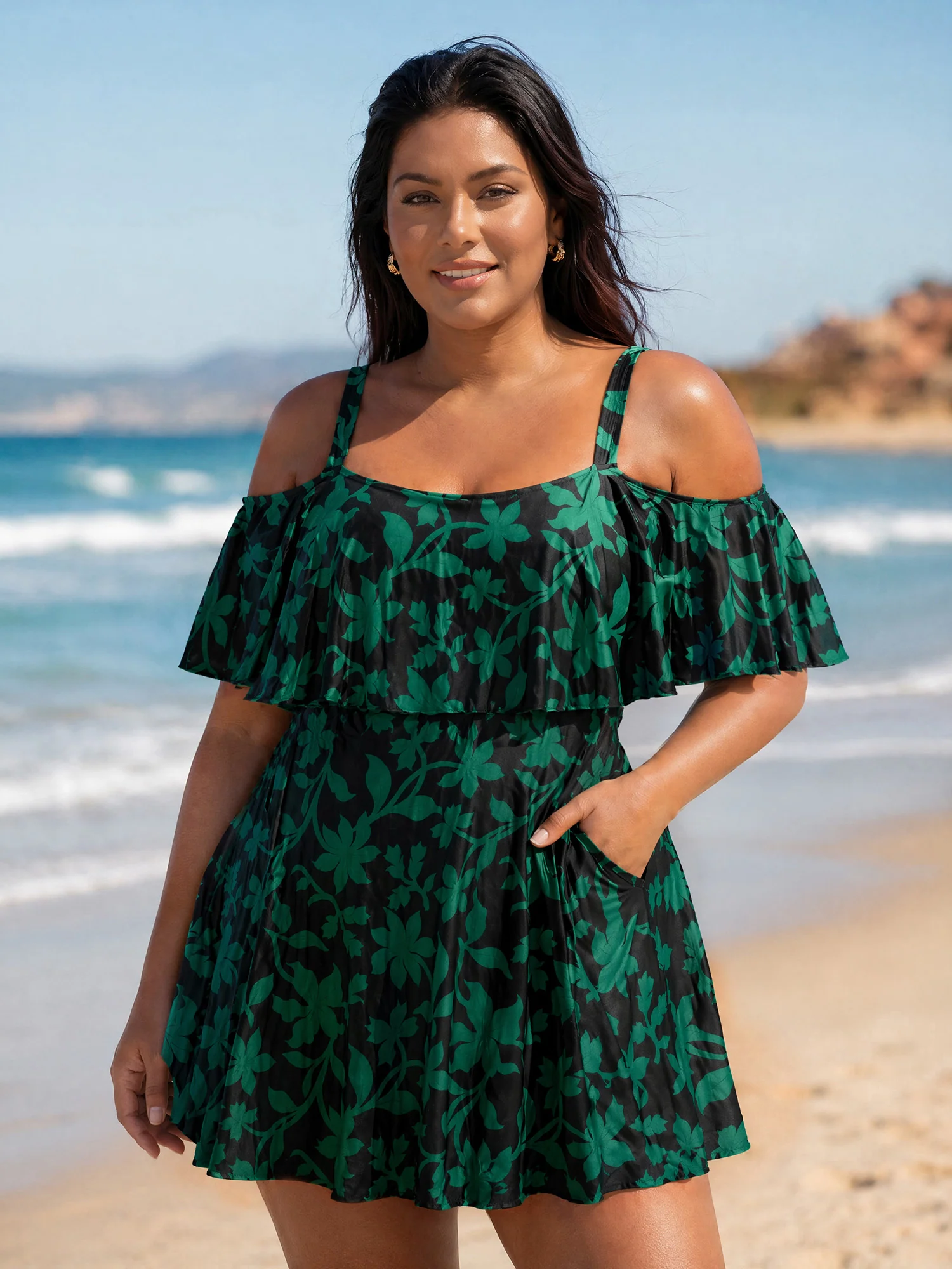 Floral Ruffle Trim Off Shoulder Pockets Swim Dress - Image 22
