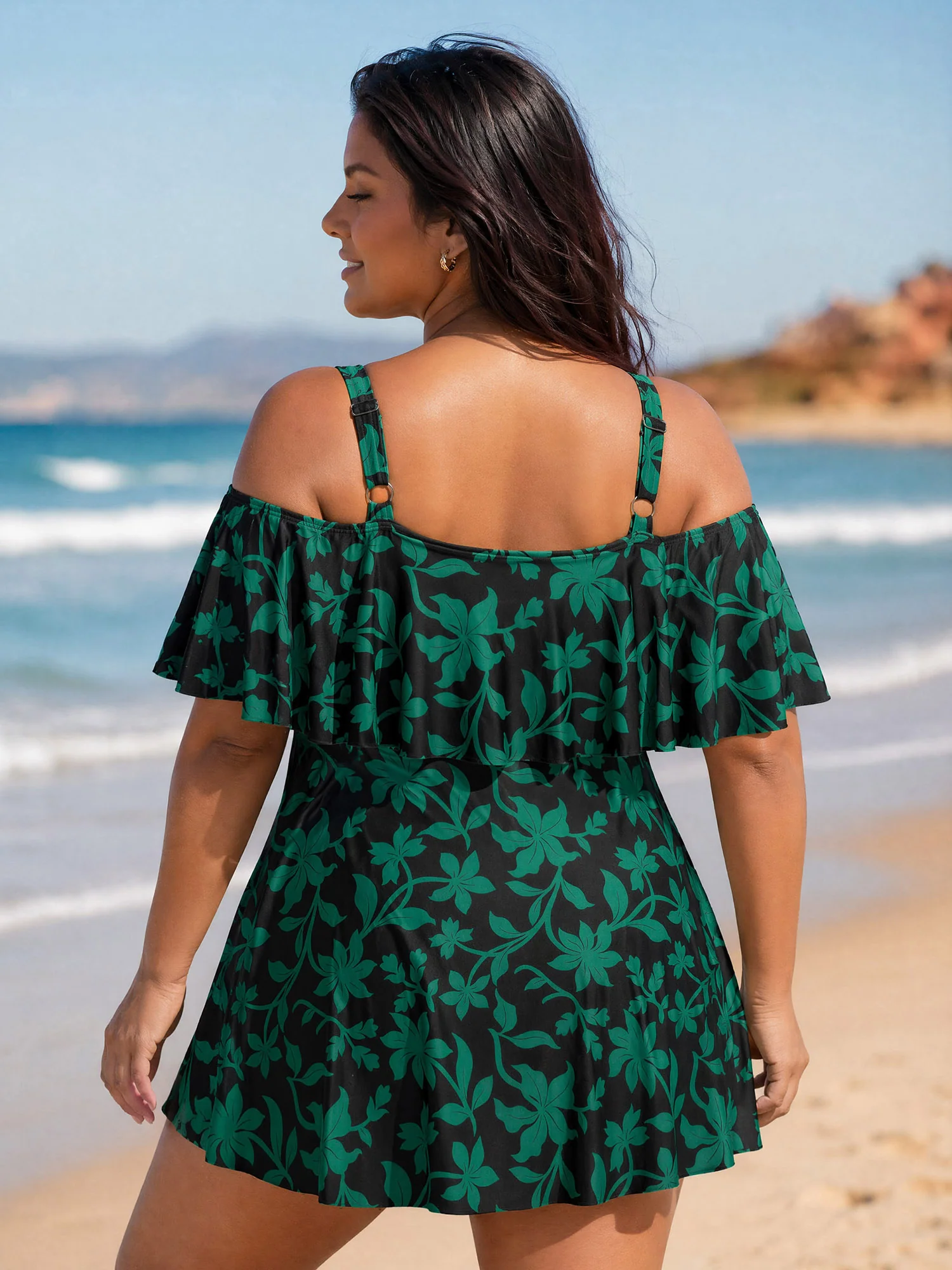 Floral Ruffle Trim Off Shoulder Pockets Swim Dress - Image 25