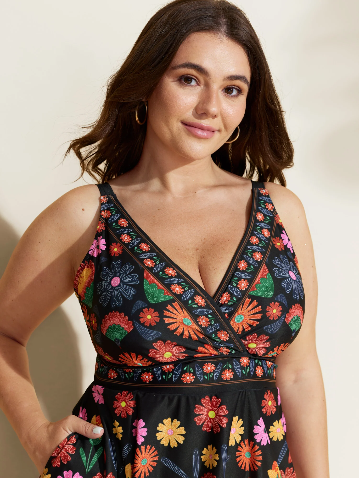 Floral Surplice Neckline Pockets Swim Dress - Image 18