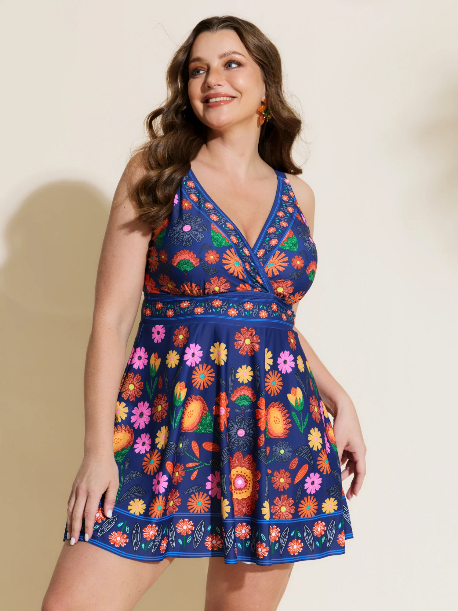 Floral Surplice Neckline Pockets Swim Dress - Image 31