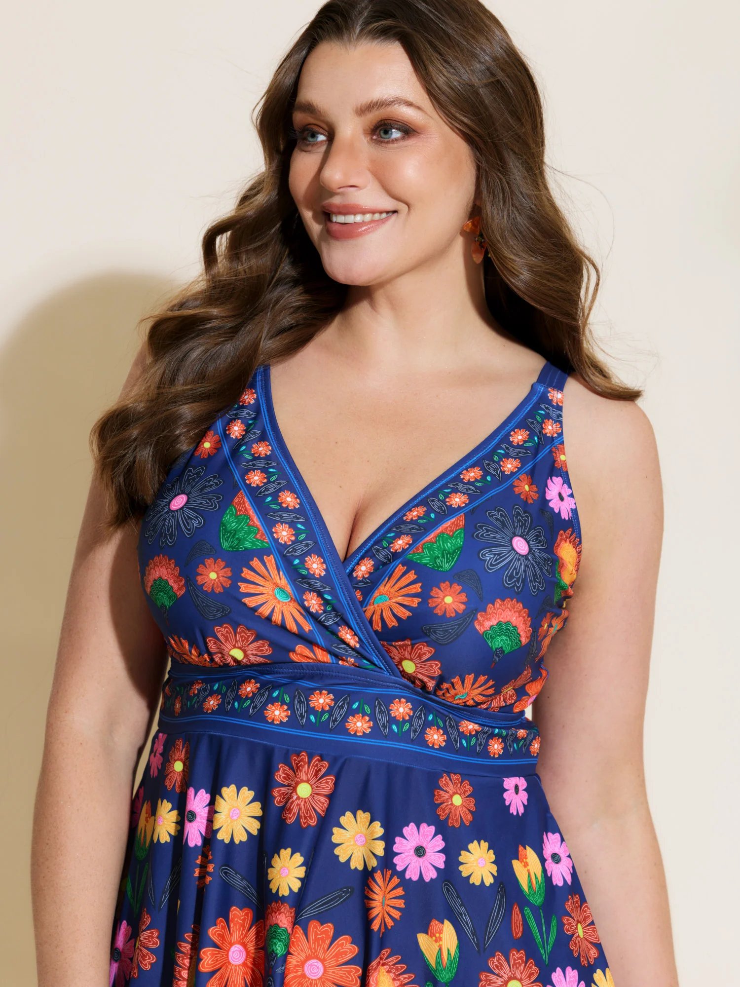 Floral Surplice Neckline Pockets Swim Dress - Image 32