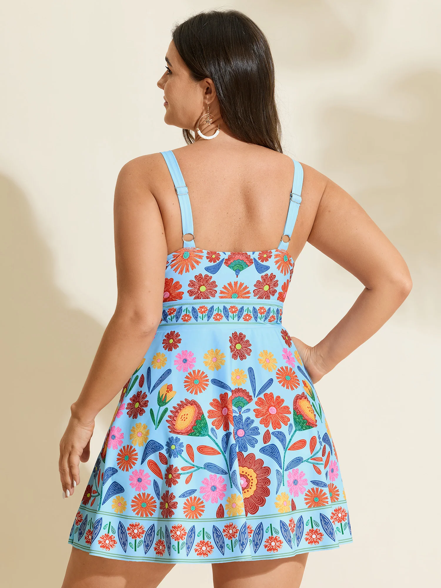 Floral Surplice Neckline Pockets Swim Dress - Image 45