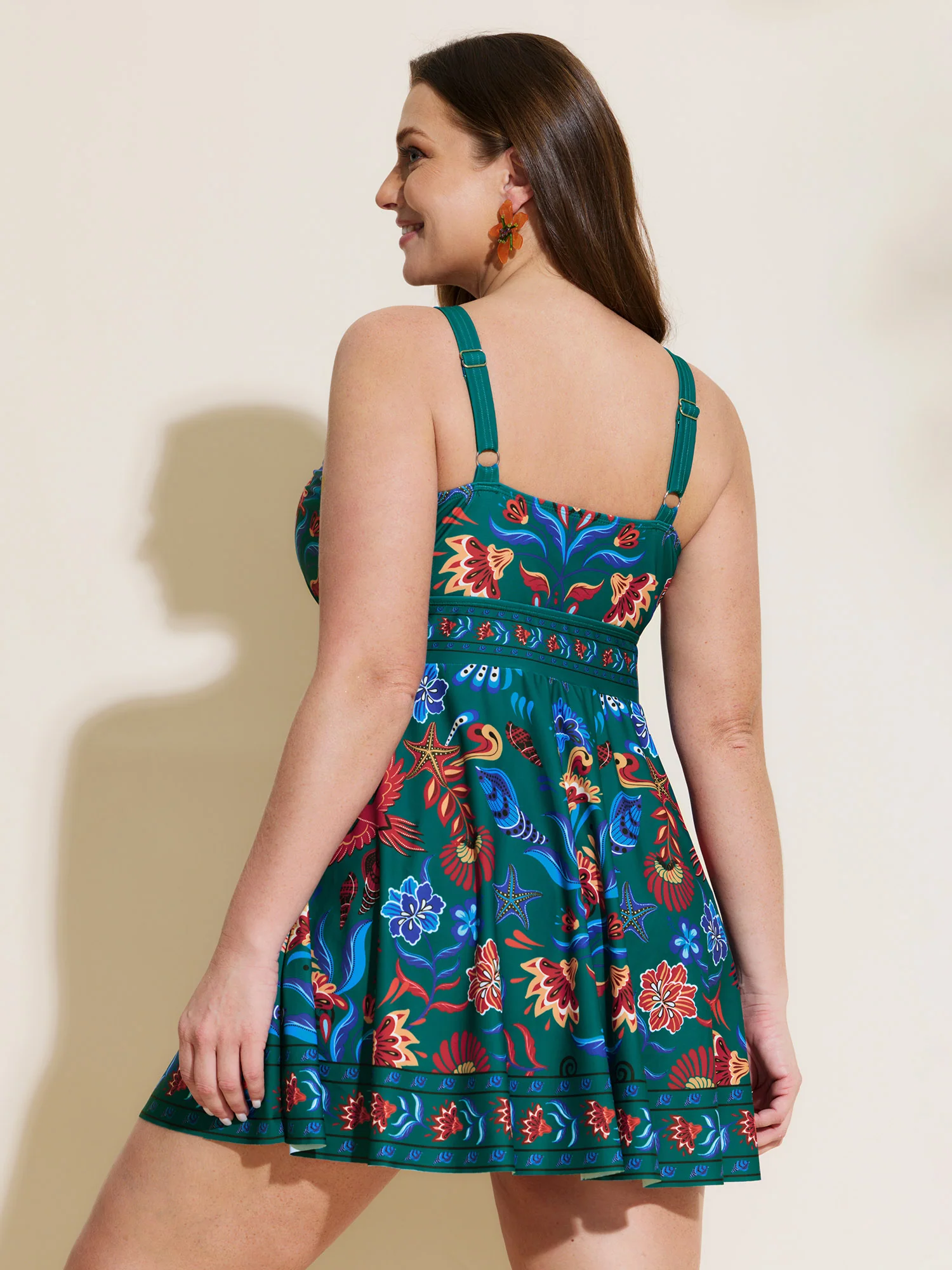 Floral Surplice Neckline Pockets Swim Dress - Image 65