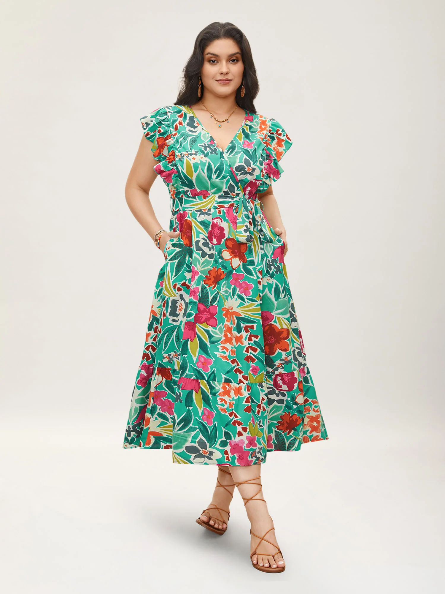 Floral Wrap Patchwork Ruffle Cap Sleeve Dress - Image 2