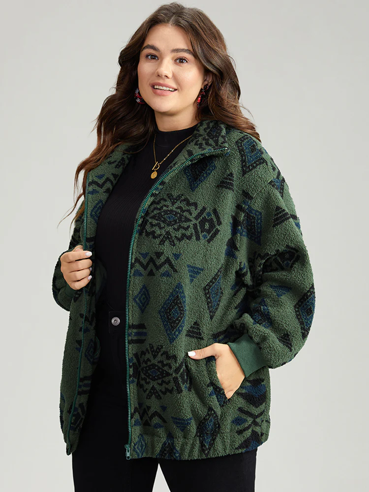 Geometric Pocket Gathered Zipper Coat - Image 2