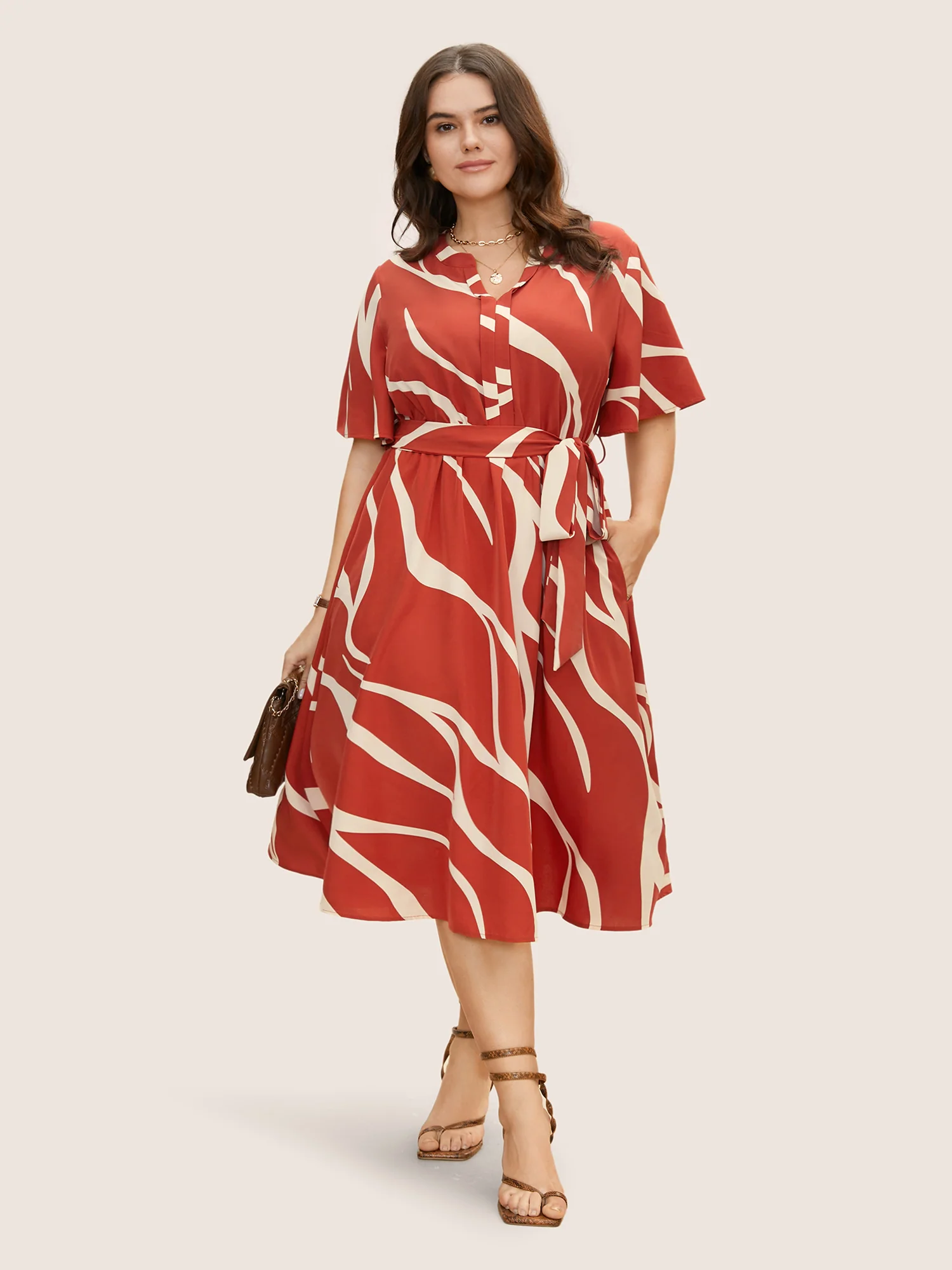 Geometric Surplice Neck Tie Knot Midi Dress - Image 3