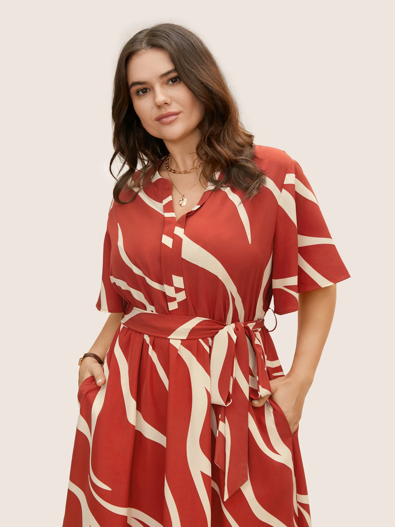 Geometric Surplice Neck Tie Knot Midi Dress - Image 4