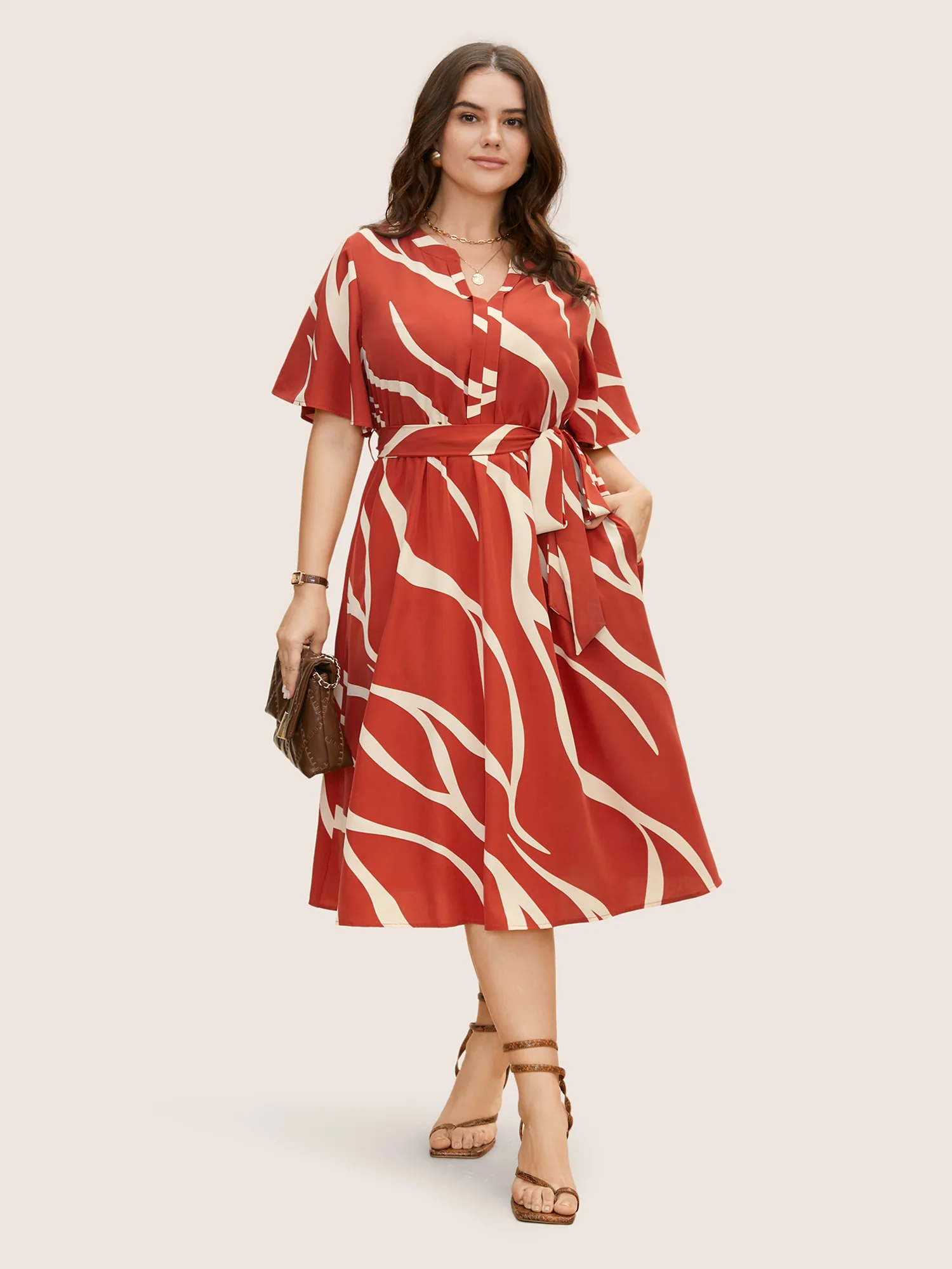 Geometric Surplice Neck Tie Knot Midi Dress - Image 5