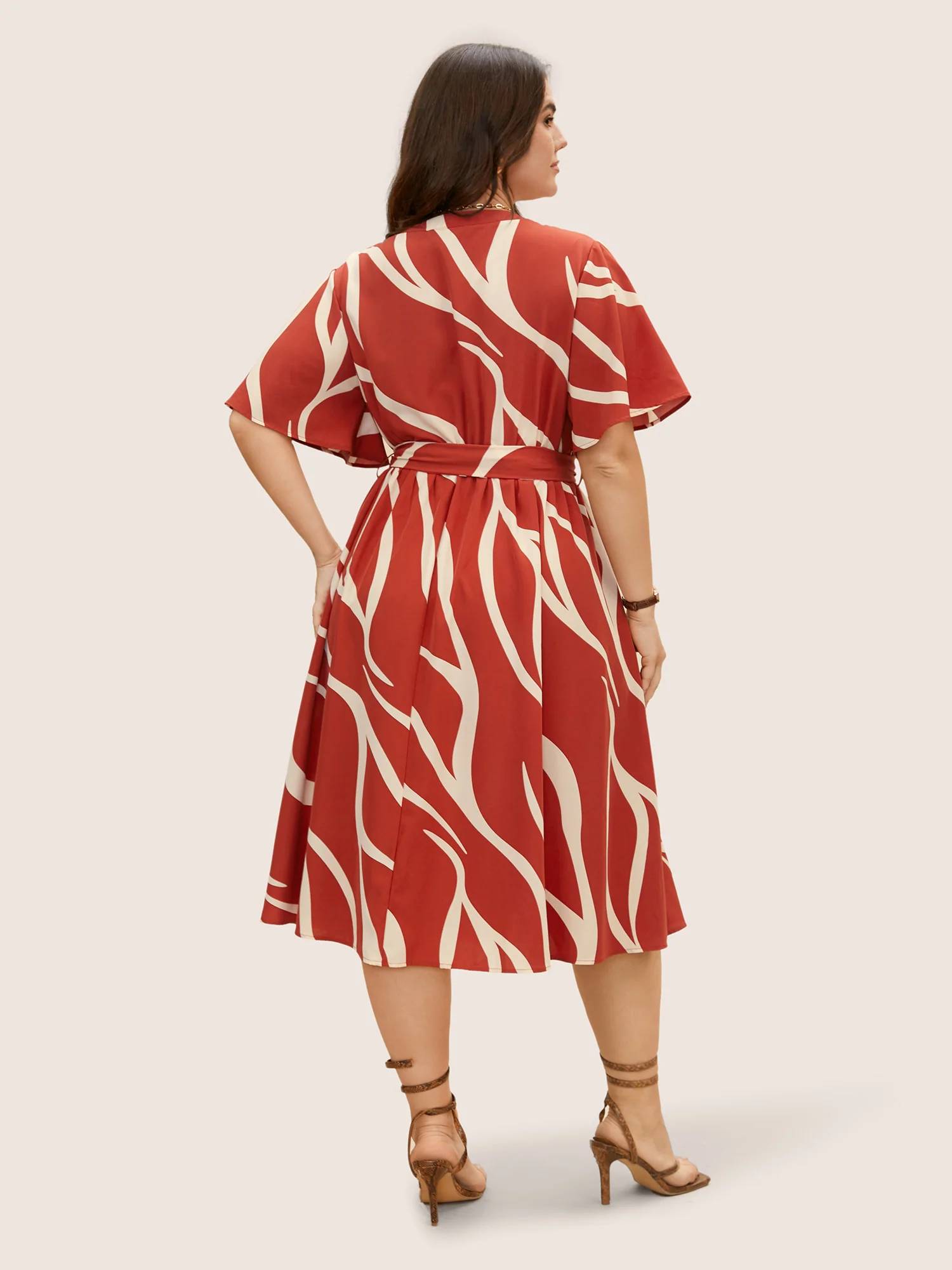 Geometric Surplice Neck Tie Knot Midi Dress - Image 6