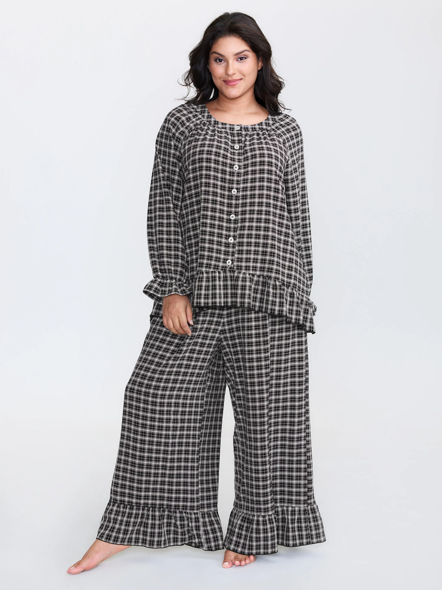 Gingham Print Ruffled Hem Co-Ord Pajama Set