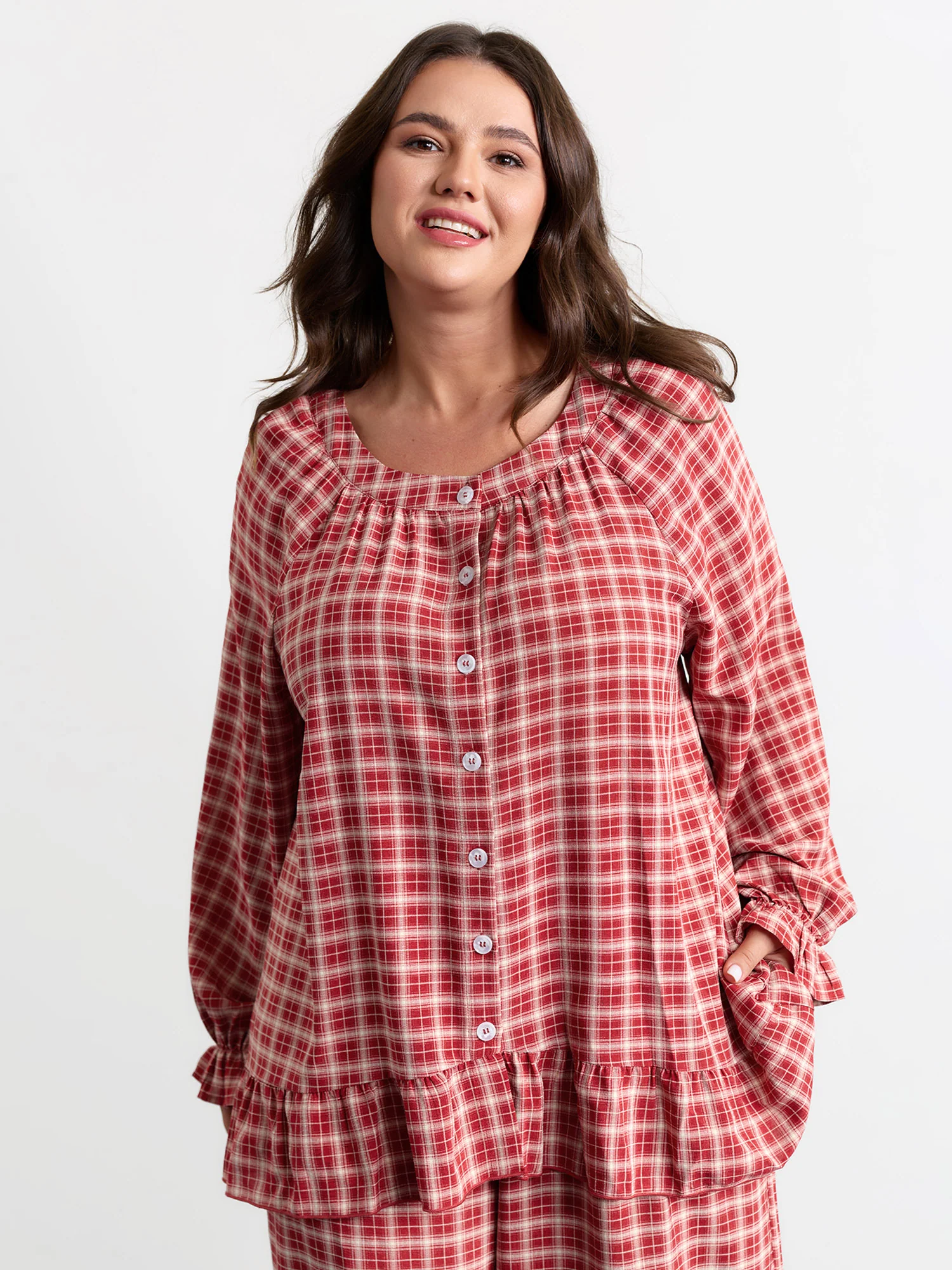 Gingham Print Ruffled Hem Co-Ord Pajama Set - Image 16