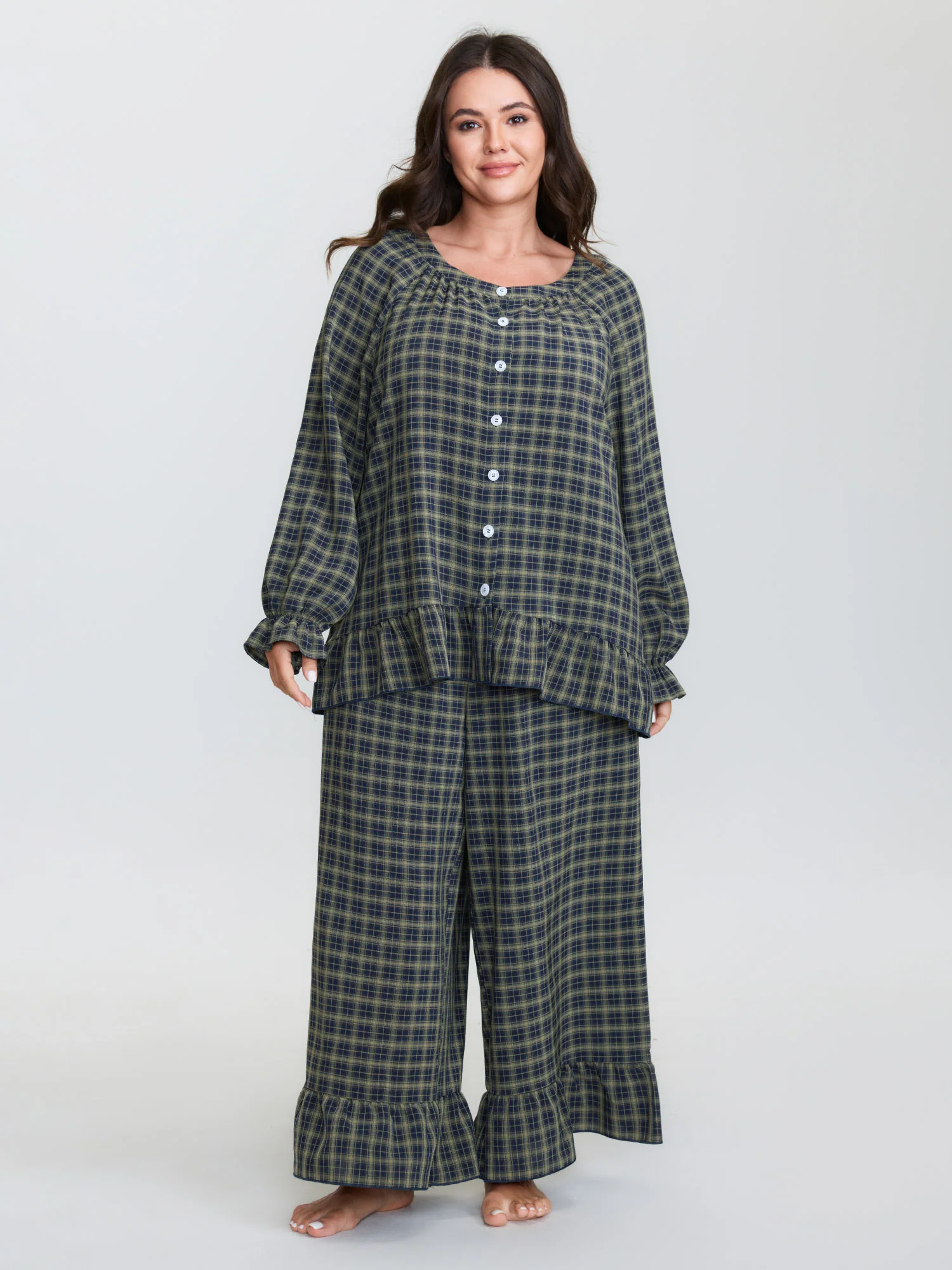 Gingham Print Ruffled Hem Co-Ord Pajama Set - Image 29