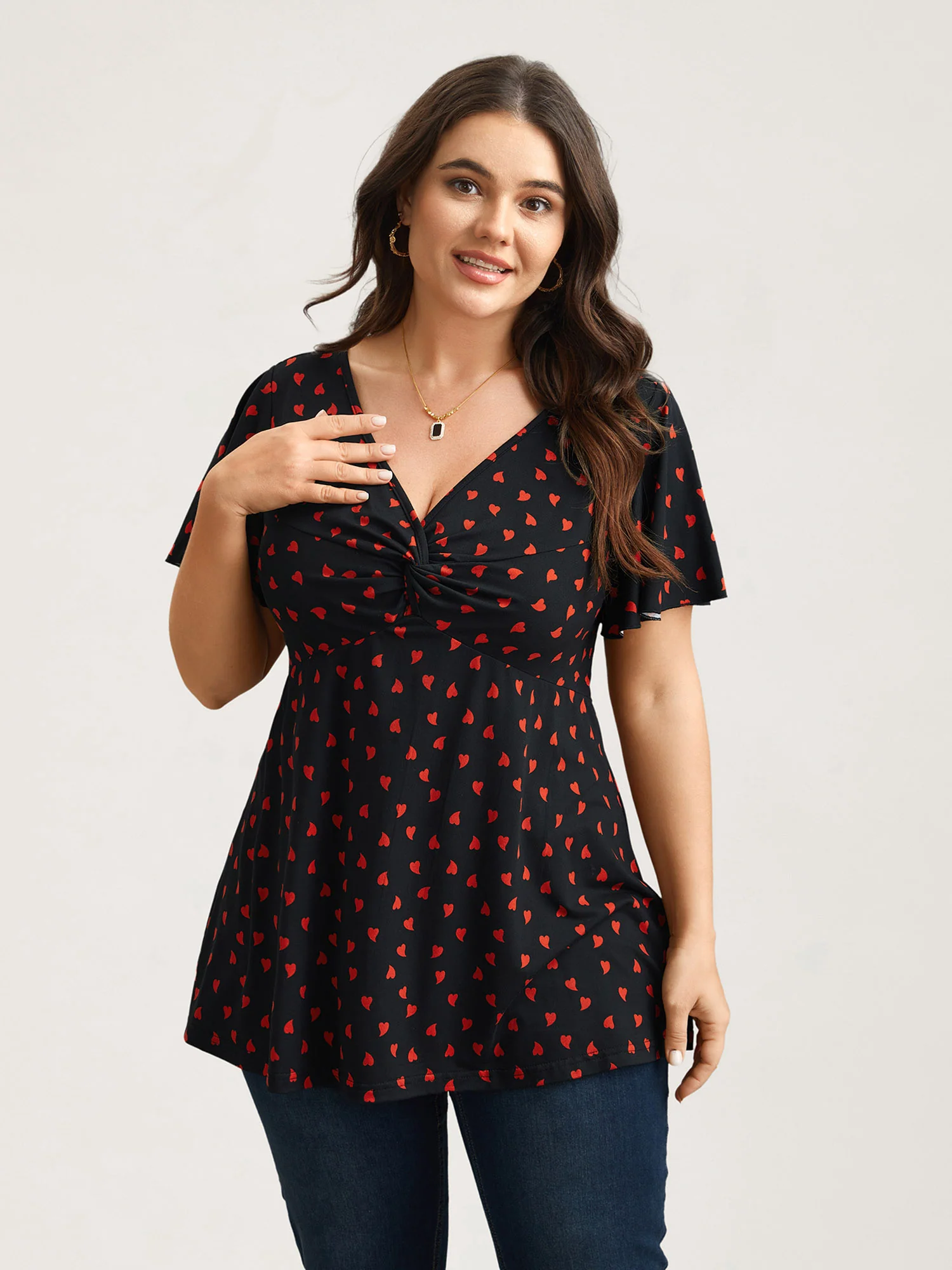 Heart Print Ruched Bust Stretchy Top - Image 2