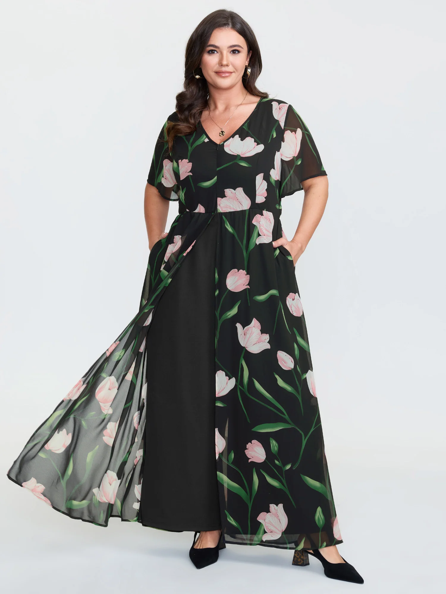 Hidden Zipper Floral Layered Pockets Jumpsuit