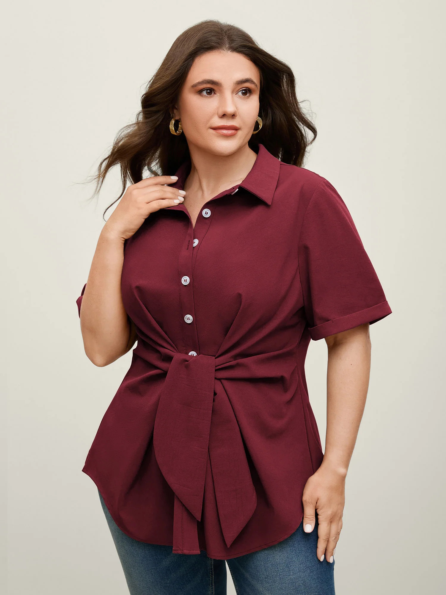 Knotted Front Asymmetrical Hem Blouse - Image 19