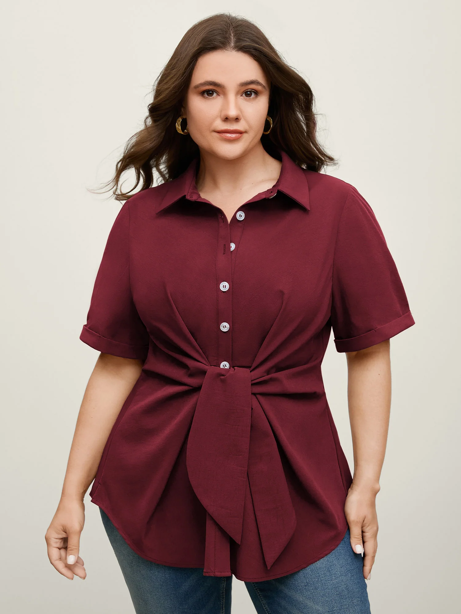Knotted Front Asymmetrical Hem Blouse - Image 22