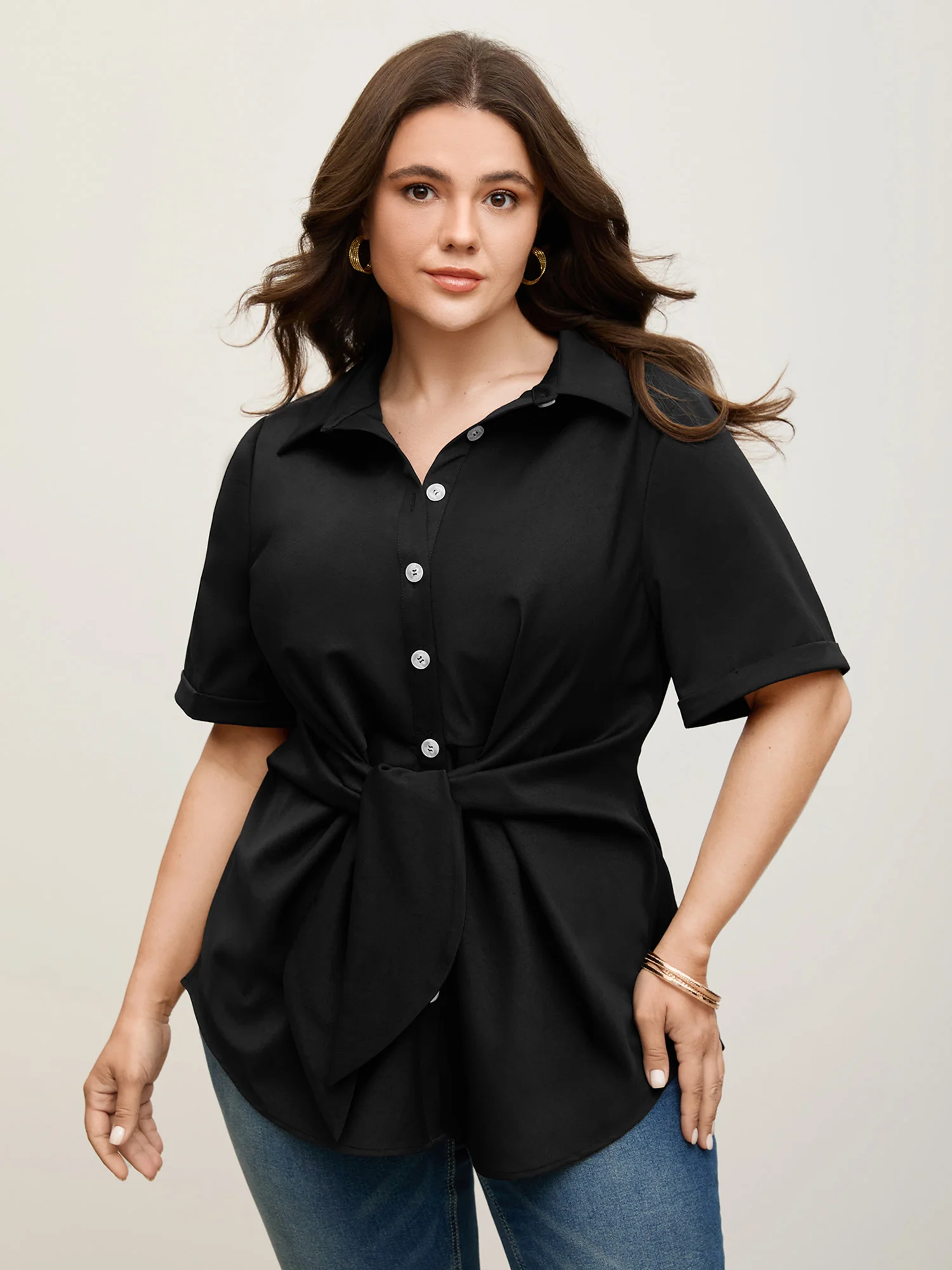 Knotted Front Asymmetrical Hem Blouse - Image 29