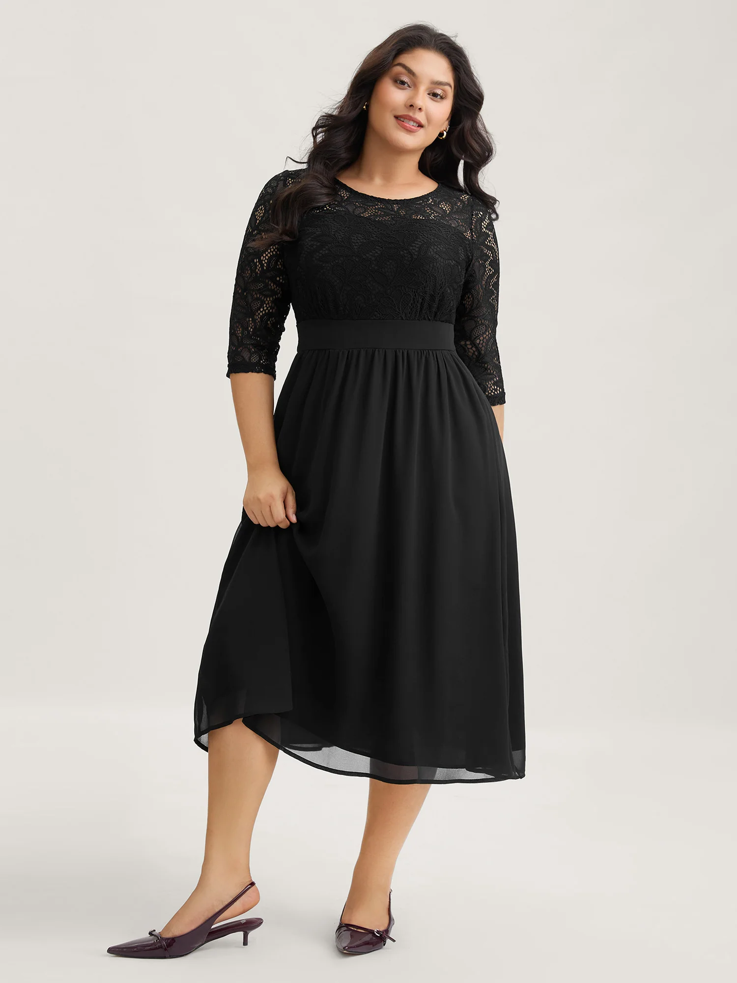 Lace Patchwork Shirred Midi Pocket Dress - Image 6
