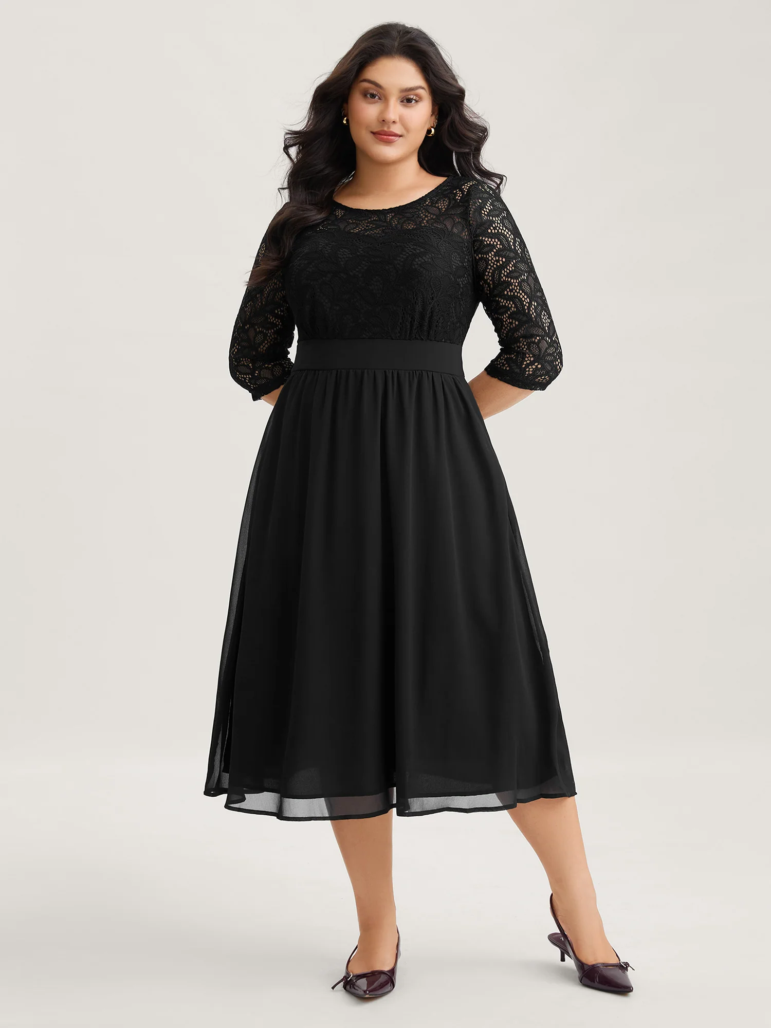 Lace Patchwork Shirred Midi Pocket Dress - Image 8