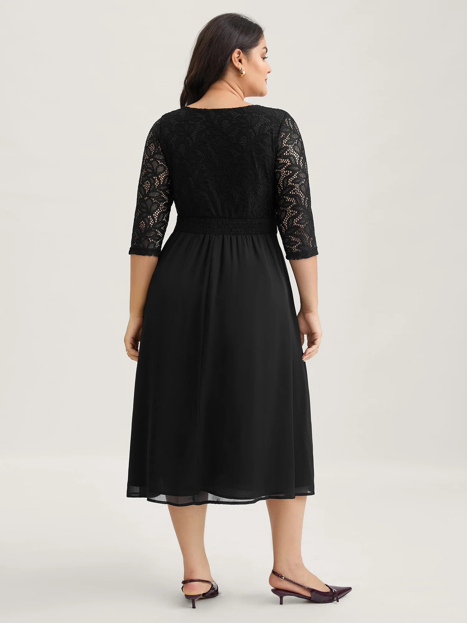 Lace Patchwork Shirred Midi Pocket Dress - Image 9