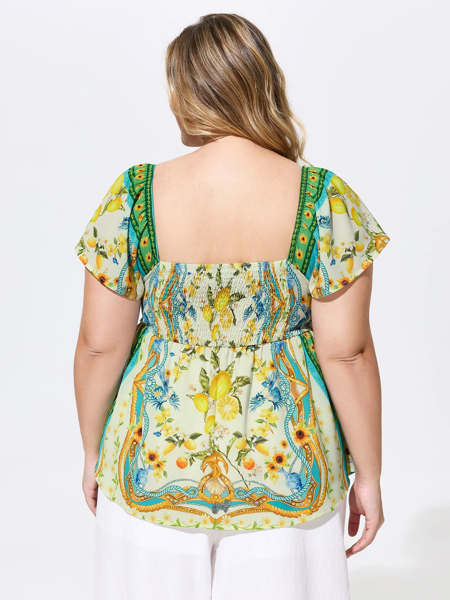 Lemon Print Color Contrast Knotted Front Top - Image 4