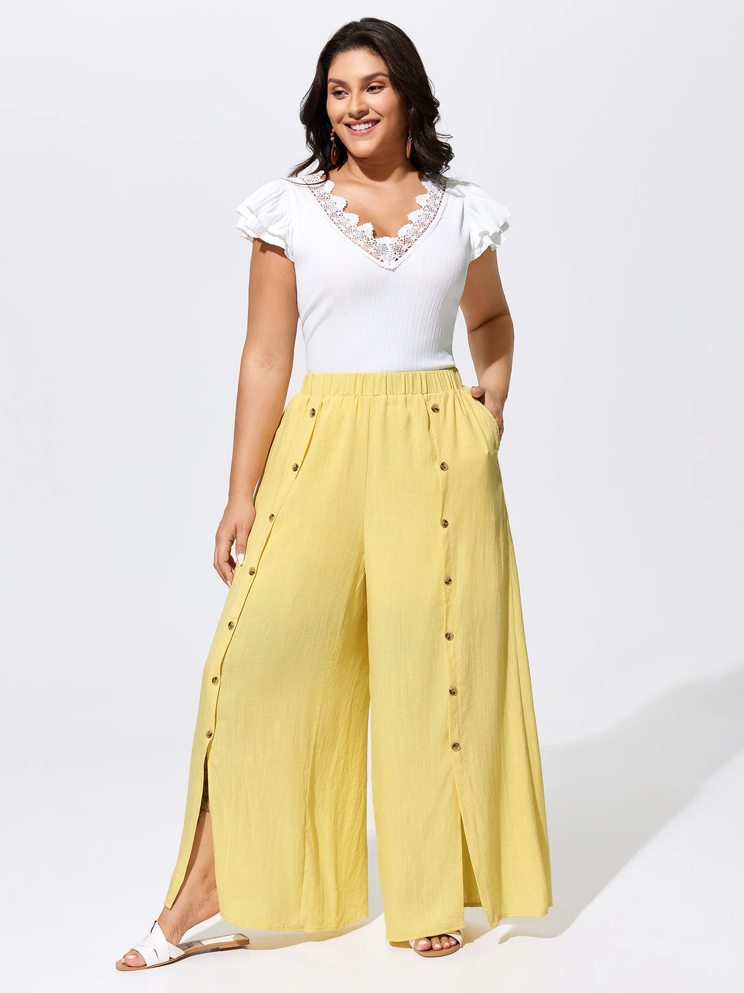Linen Blend Button Detail Hem Split Sheer Pants - Image 2