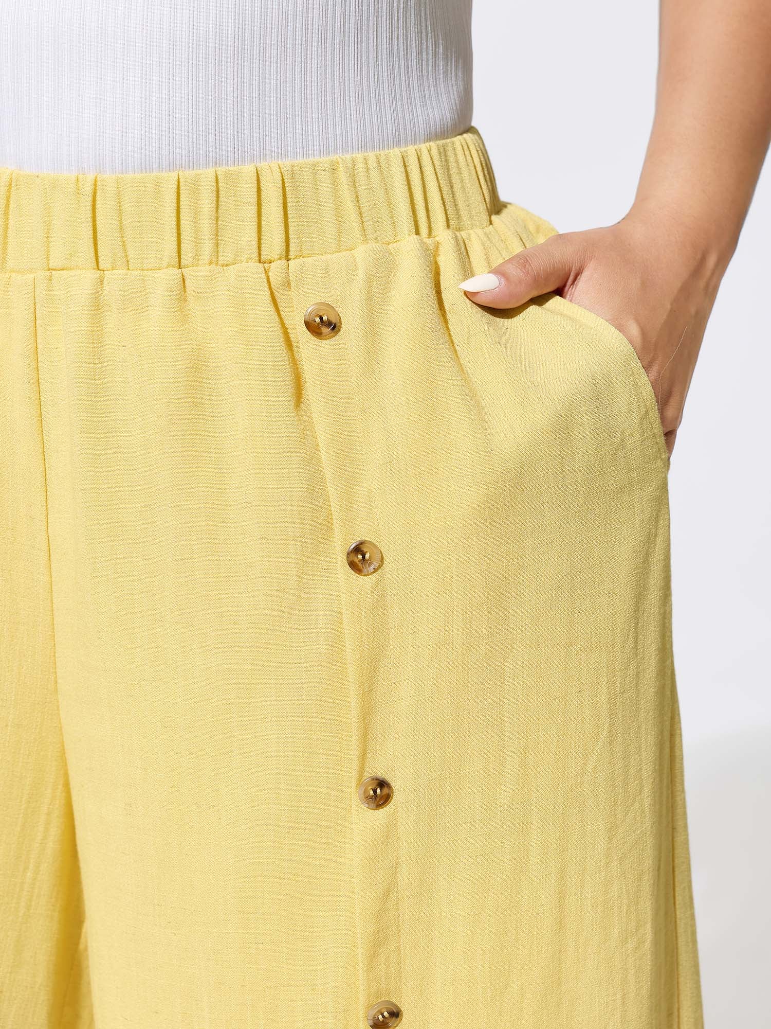 Linen Blend Button Detail Hem Split Sheer Pants - Image 3