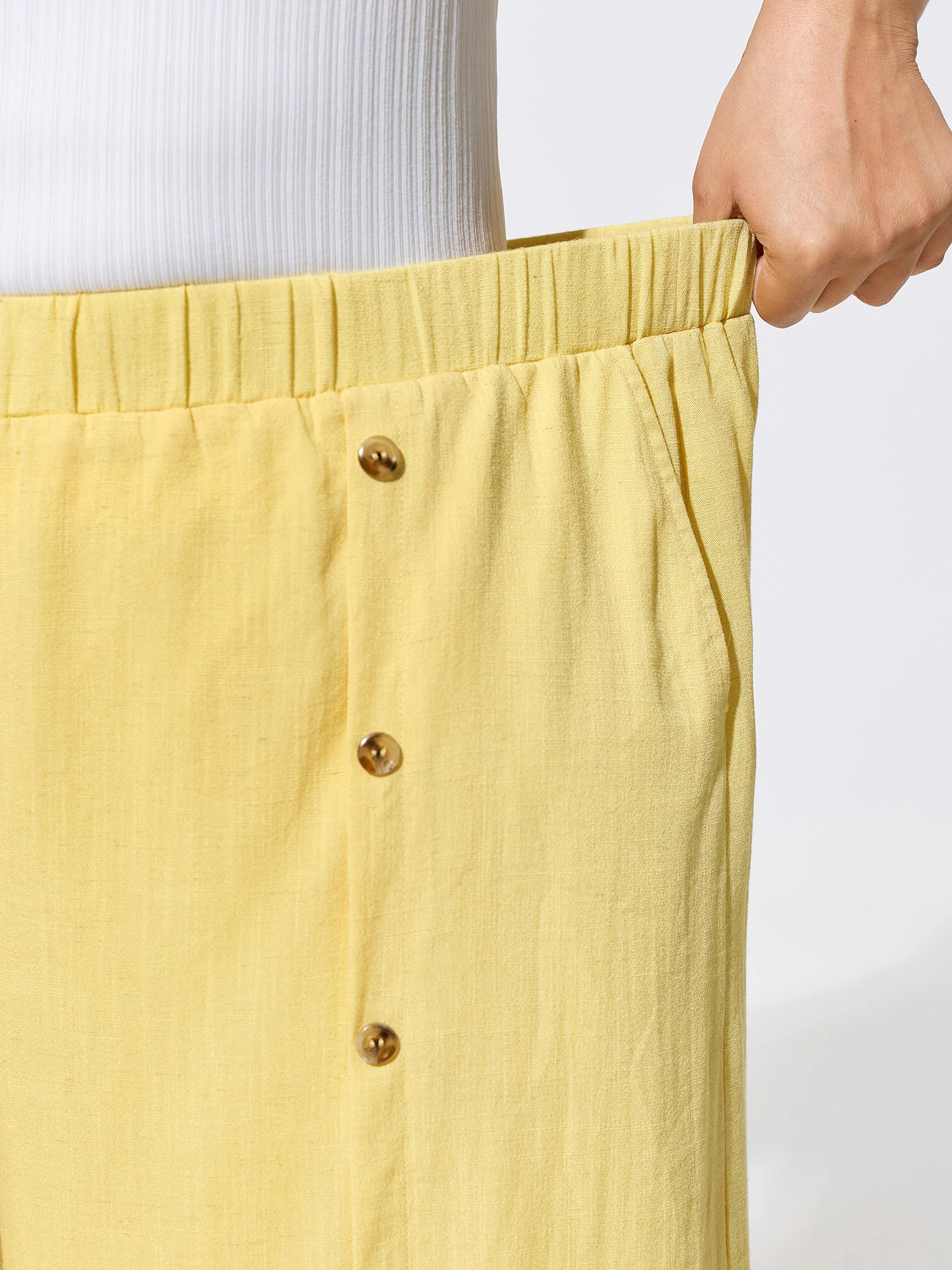 Linen Blend Button Detail Hem Split Sheer Pants - Image 4