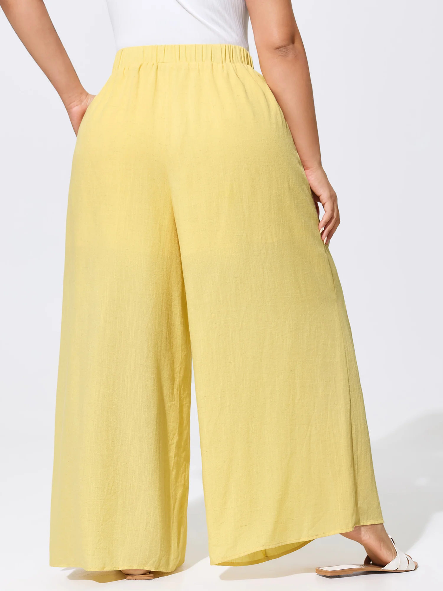 Linen Blend Button Detail Hem Split Sheer Pants - Image 5