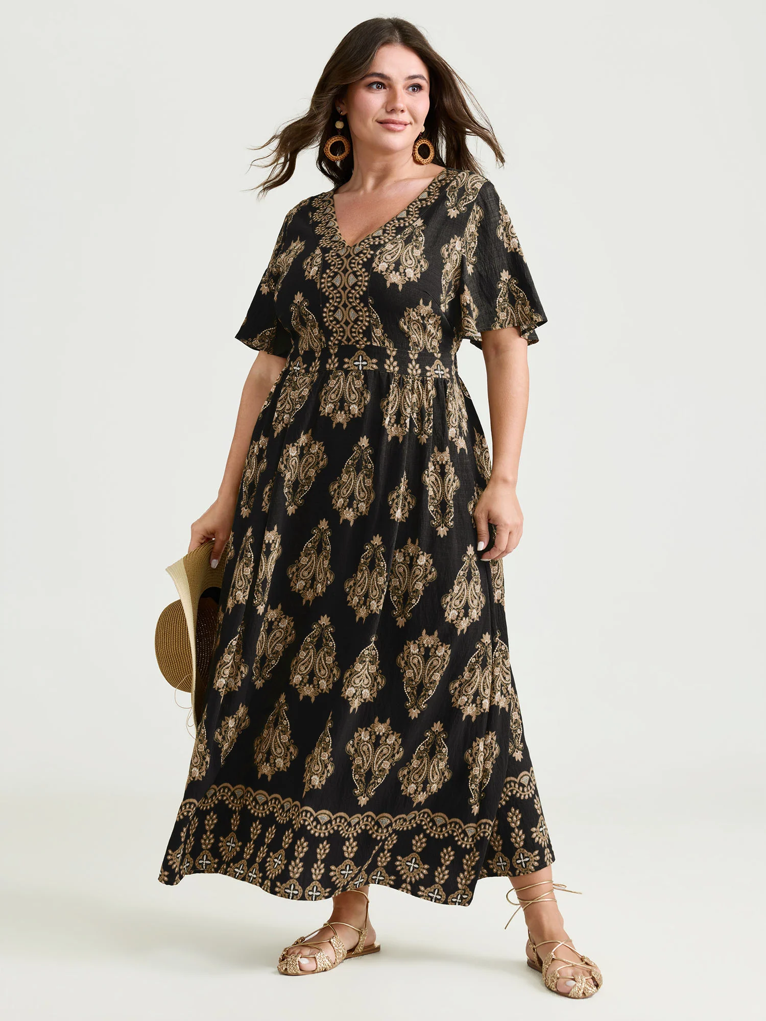 Paisley Print Pockets Shirred Waist Maxi Dress - Image 12
