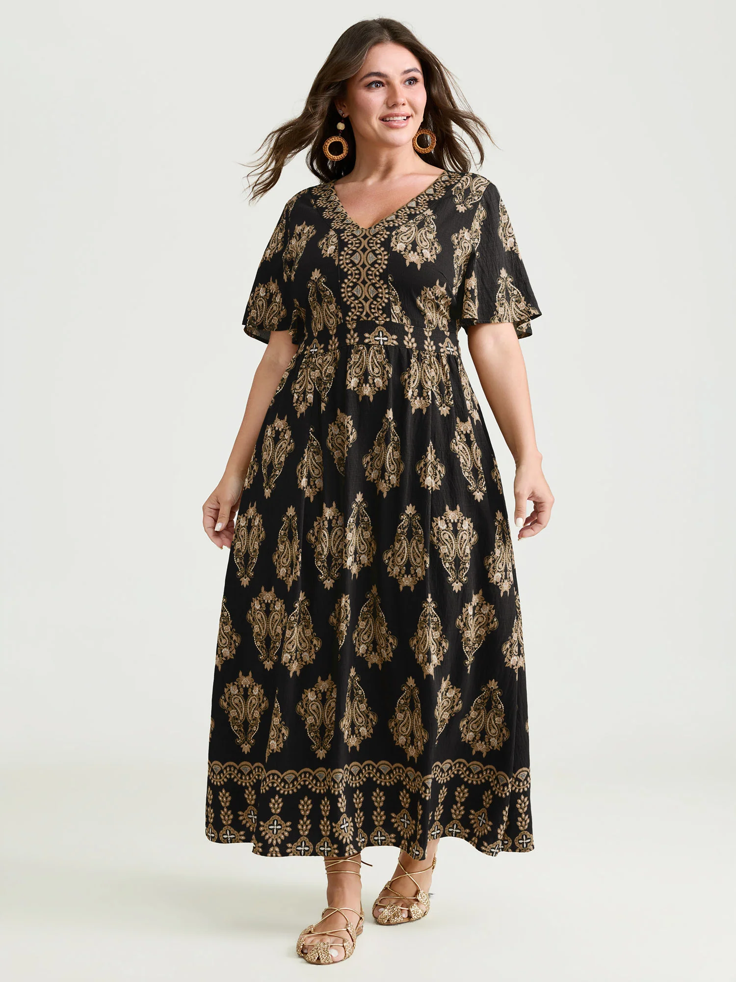 Paisley Print Pockets Shirred Waist Maxi Dress - Image 14