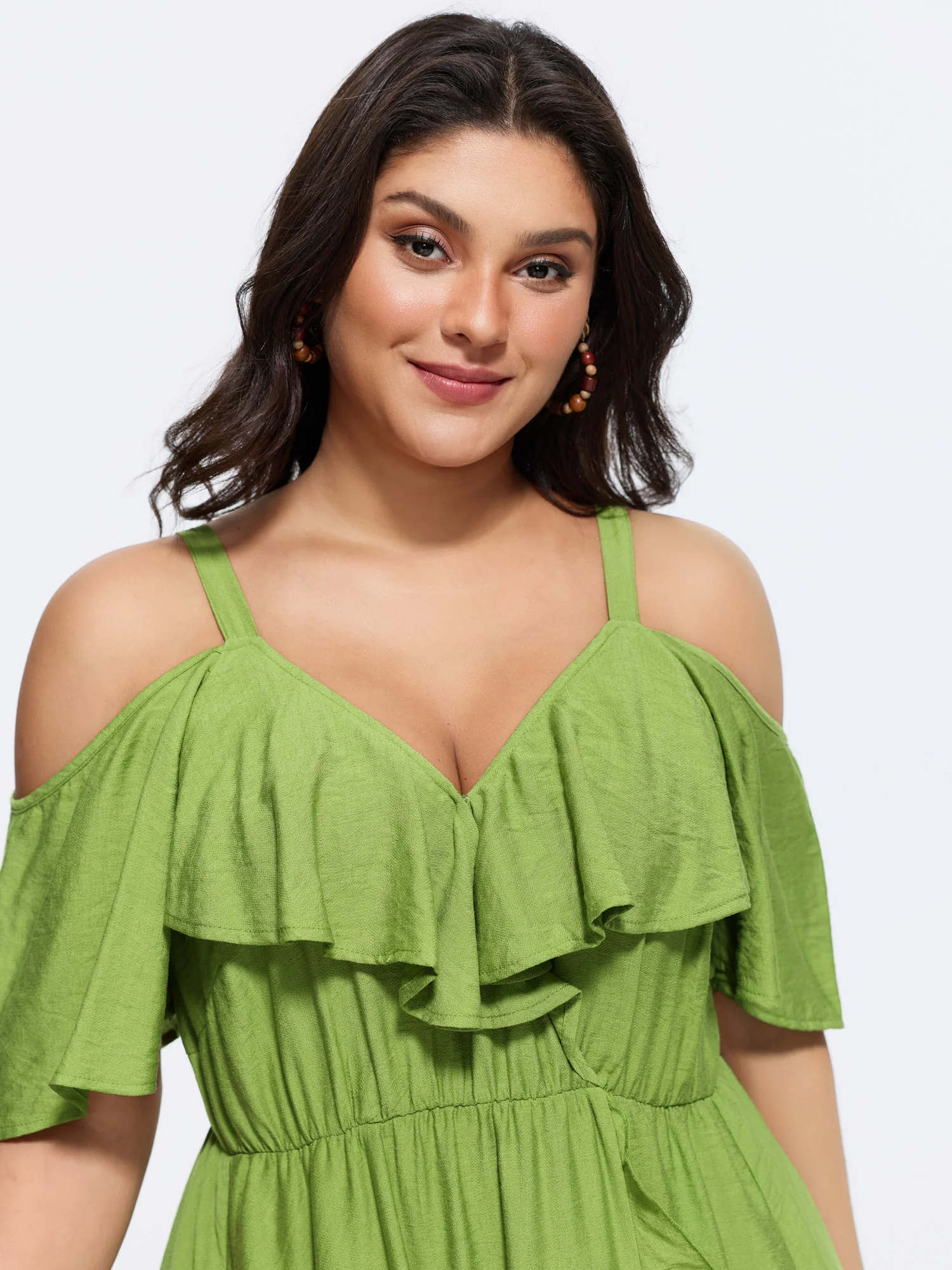 Plain Ruffle Cold Shoulder Pocket Midi Dress - Image 2