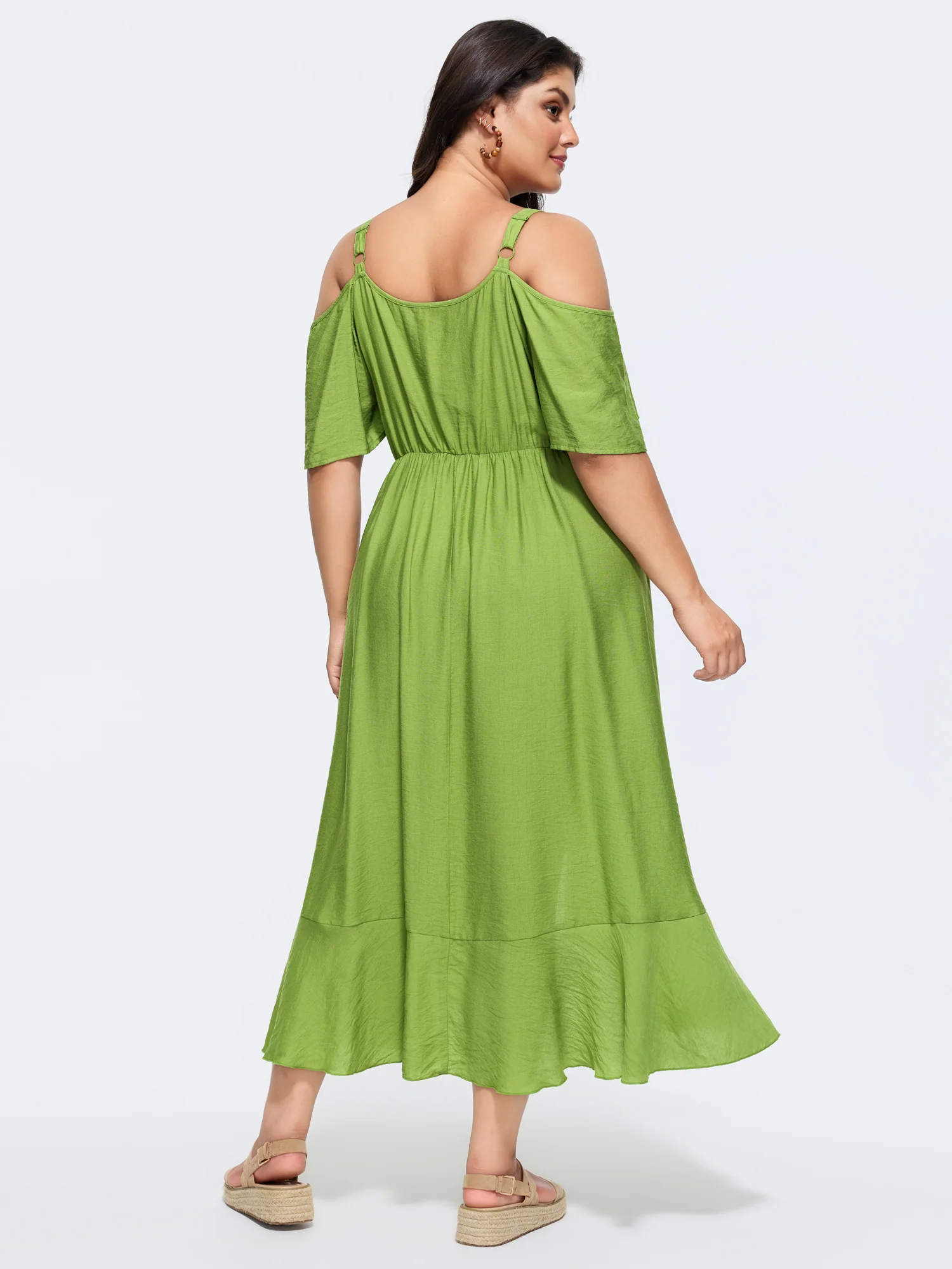 Plain Ruffle Cold Shoulder Pocket Midi Dress - Image 3