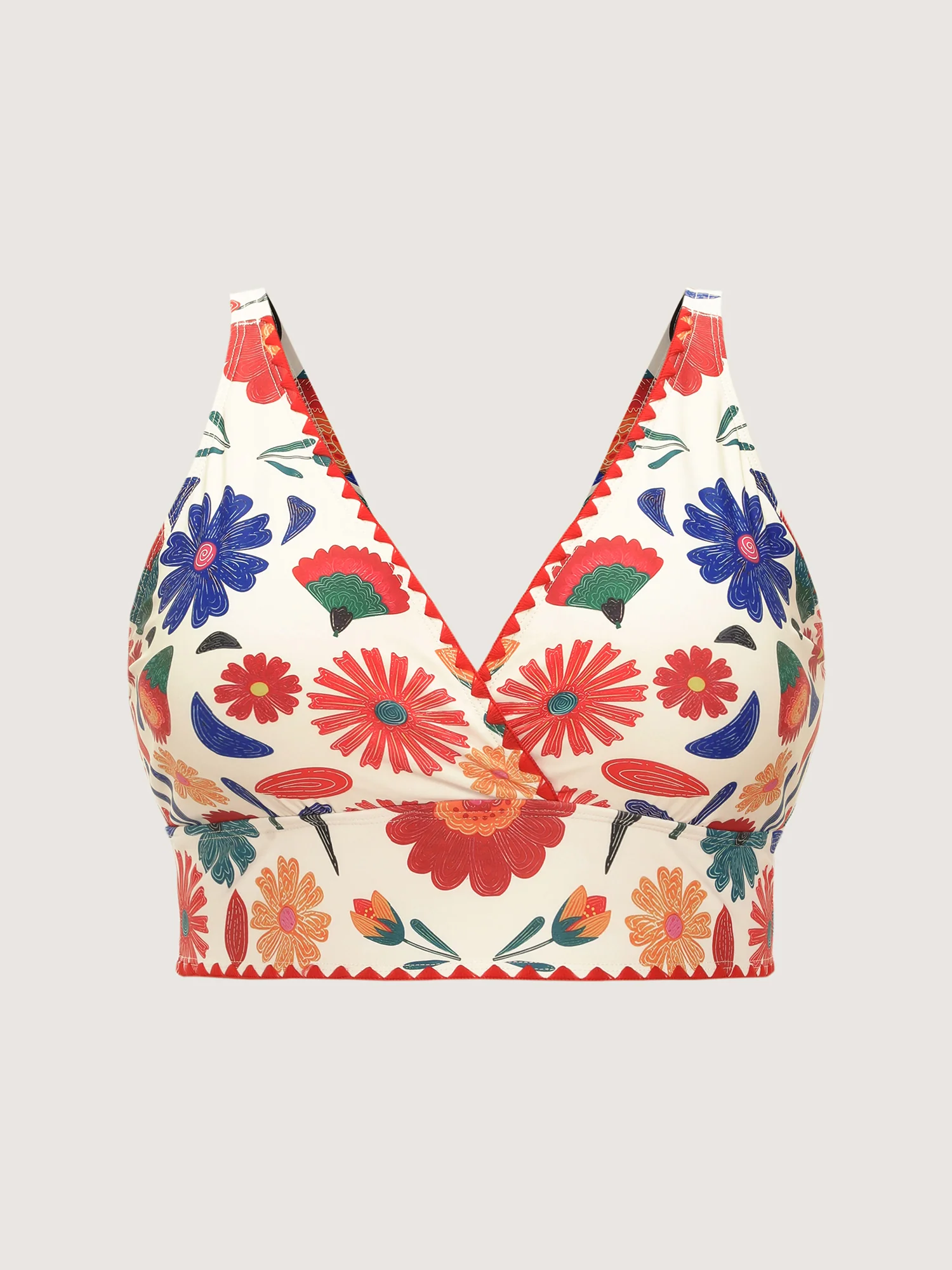 Playful Floral Print Embroidered Trim Bikini Top - Image 8