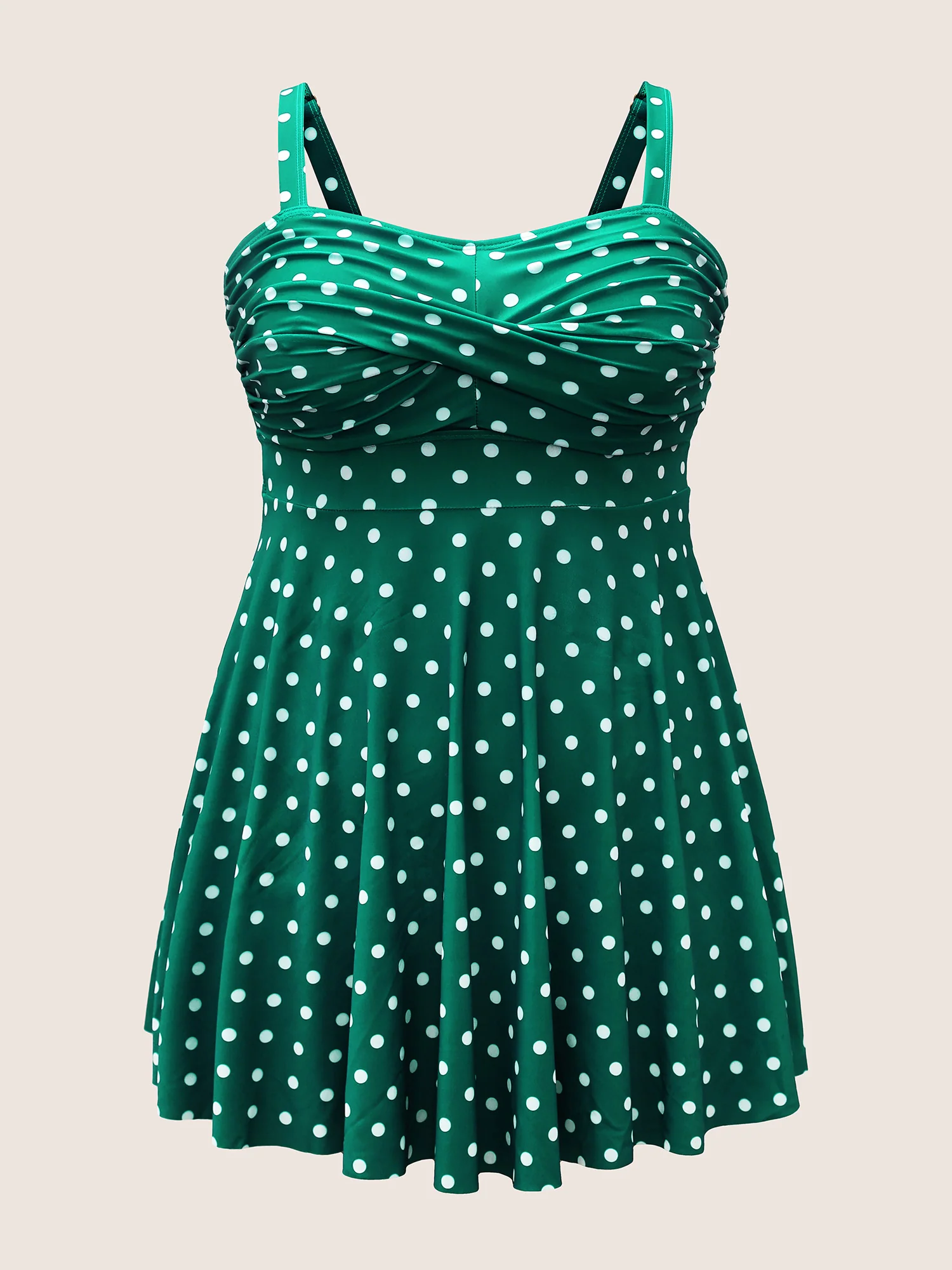 Polka Dot Crossover Ruched Flutter Hem Swim Dress - Image 8