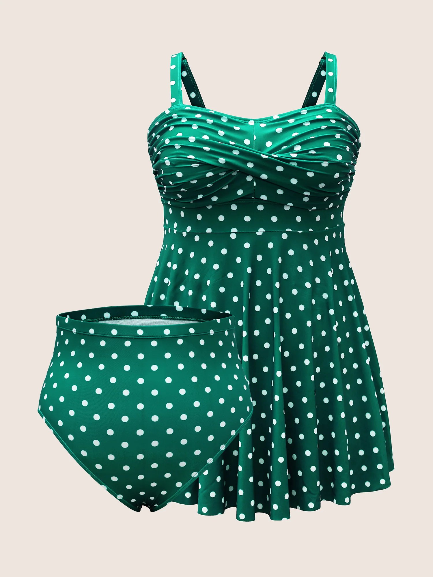Polka Dot Crossover Ruched Flutter Hem Swim Dress - Image 9