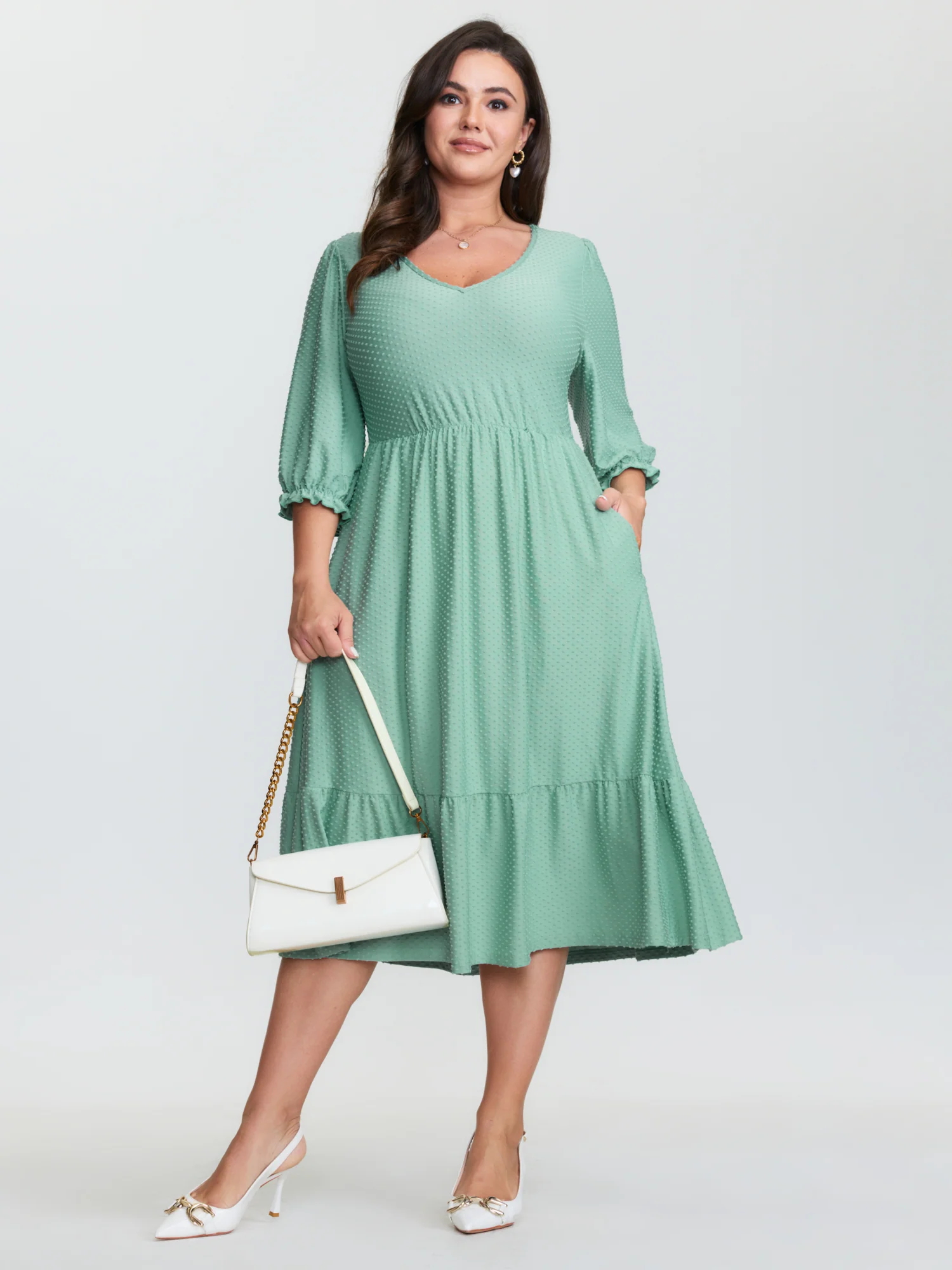 Polka Dots Knit Jacquard Stretchy Waist Midi Dress - Image 3