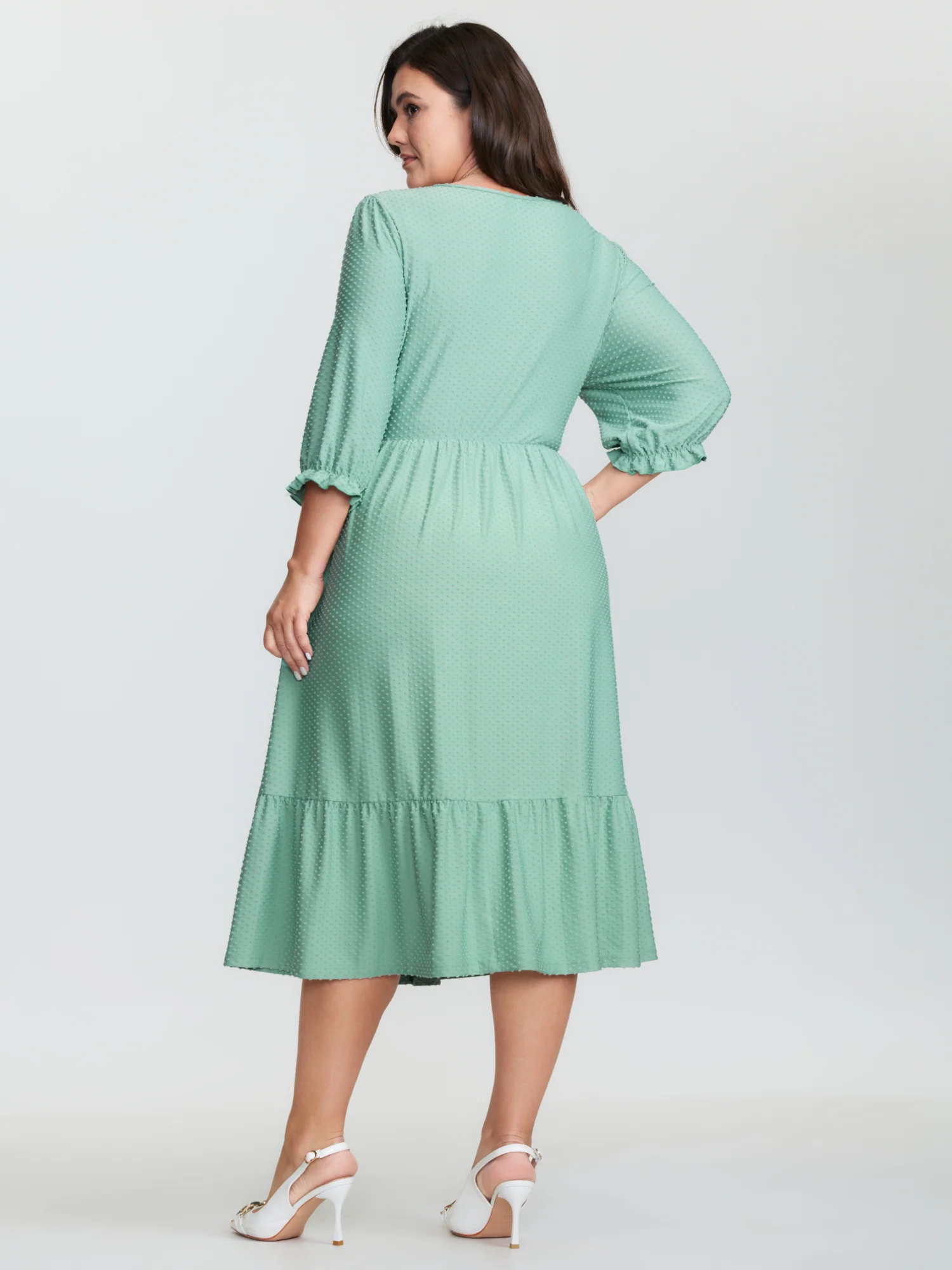Polka Dots Knit Jacquard Stretchy Waist Midi Dress - Image 6