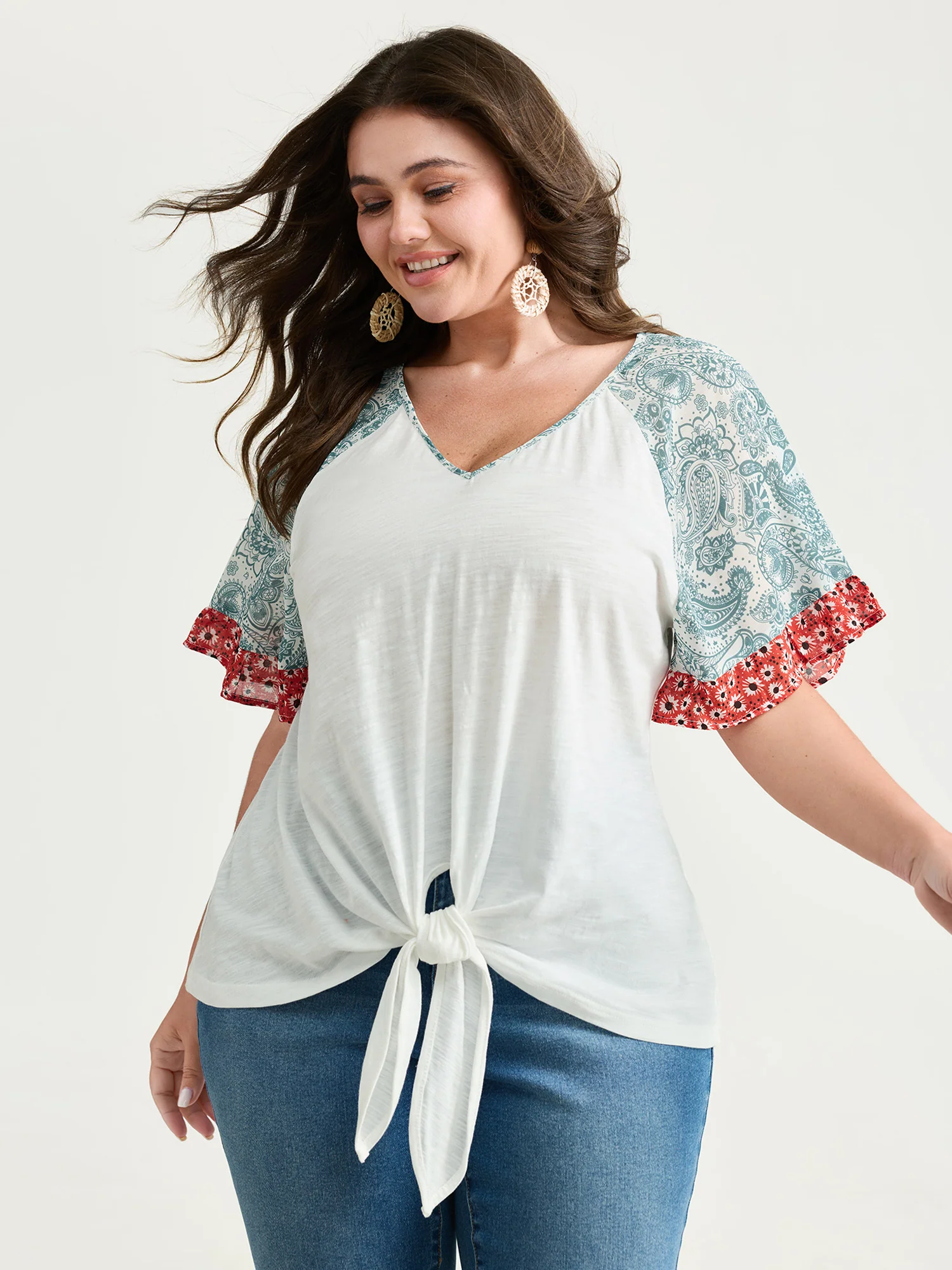 Pure Cotton Floral Sleeve Knotted T-Shirt