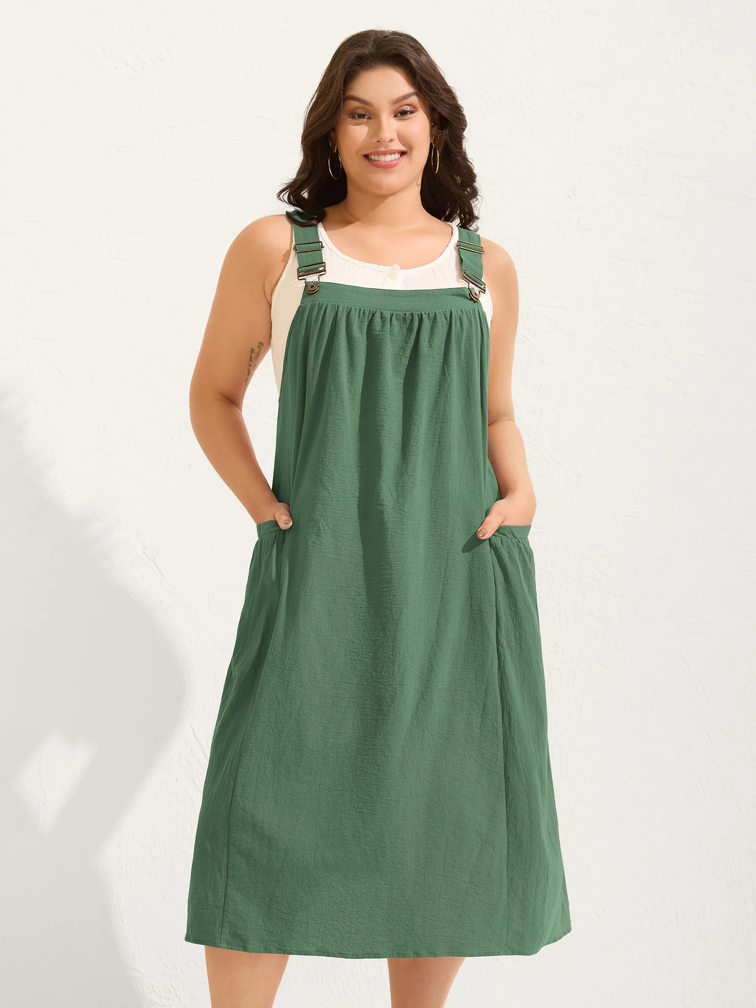 Pure Cotton Pleated Pockets Midi Dress - Image 17