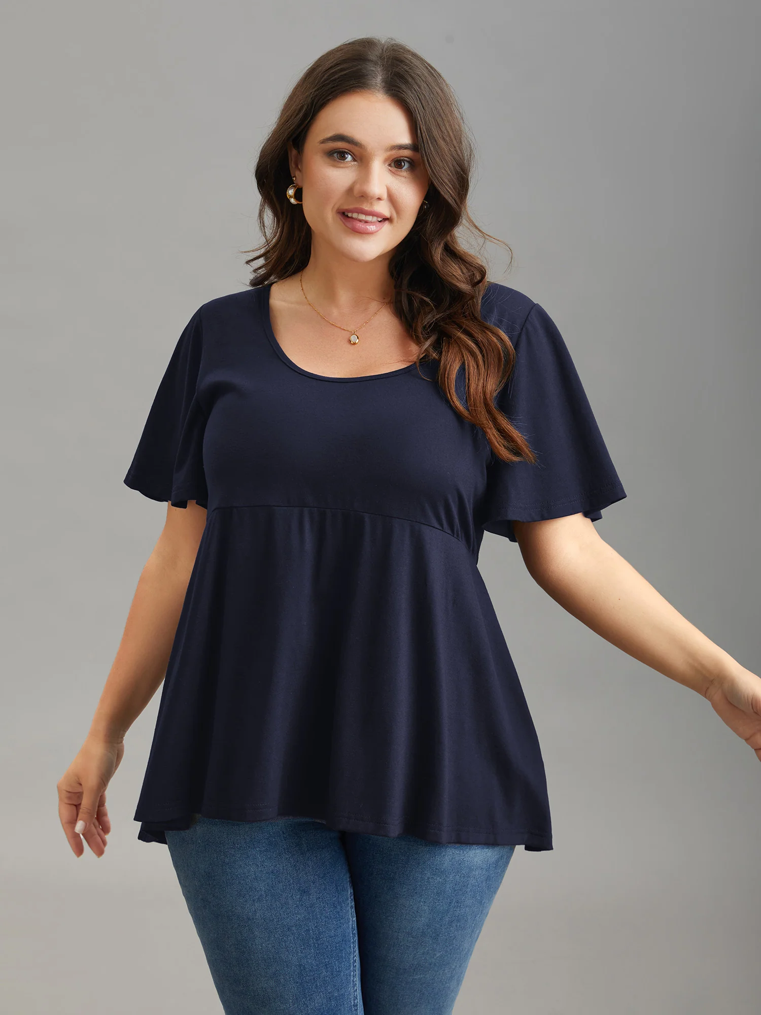 Ruffled Sleeve Round Neck Babydoll Top - Image 2