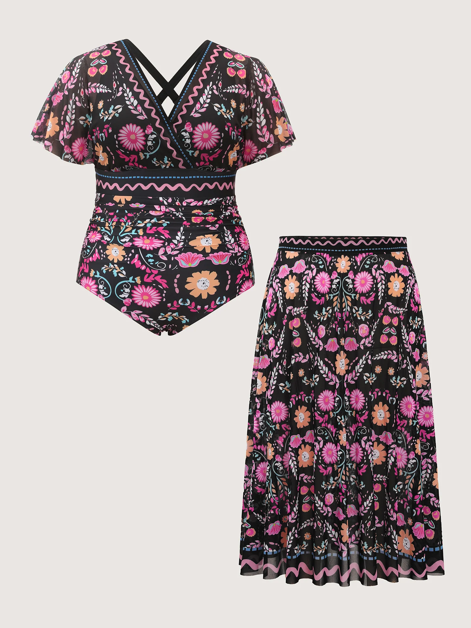 Sarong Set Floral Print One-Piece Swimsuit - Image 9