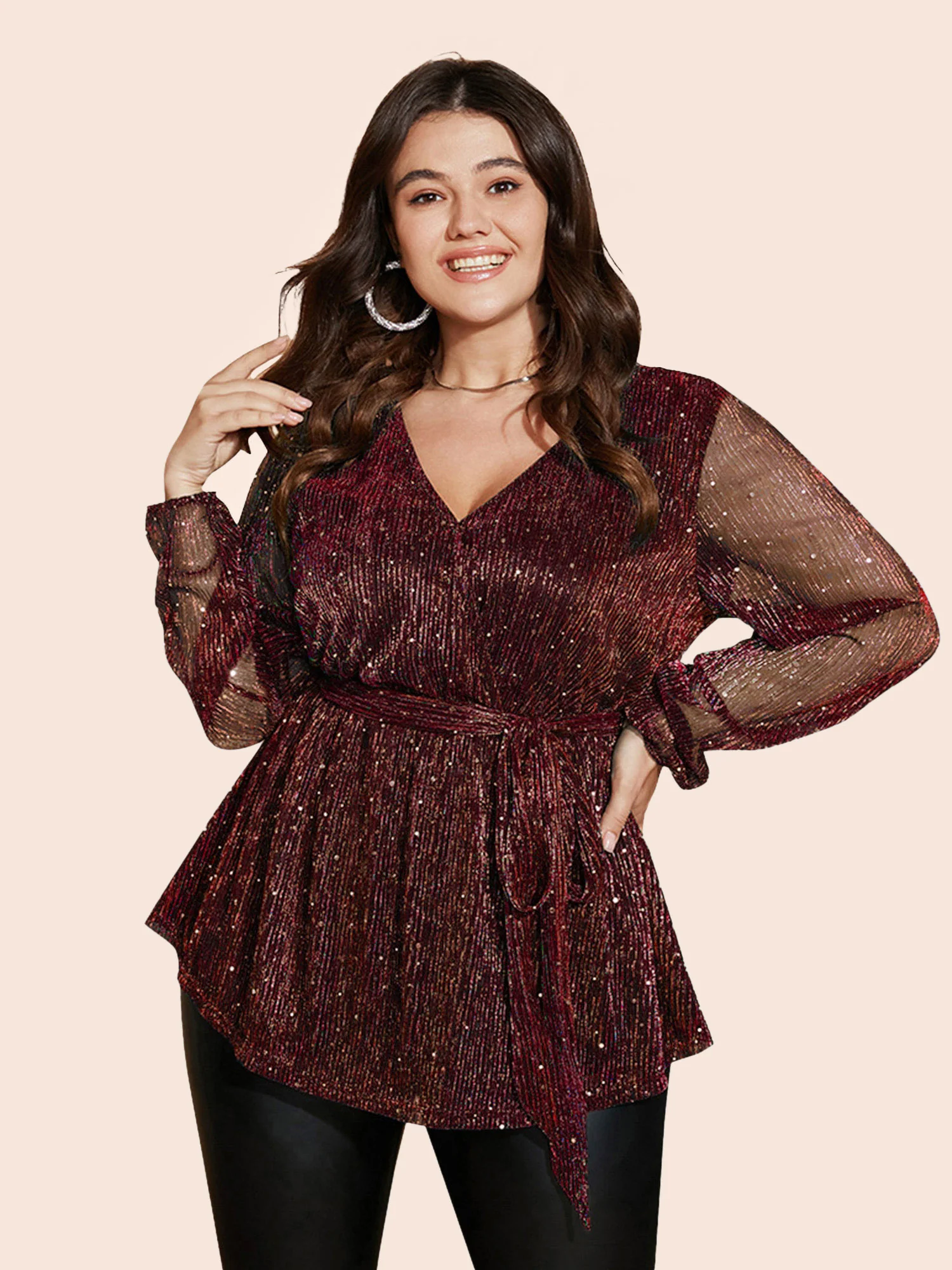 Sequin Mesh Lantern Sleeve Wrap Belted Striped Blouse - Image 13