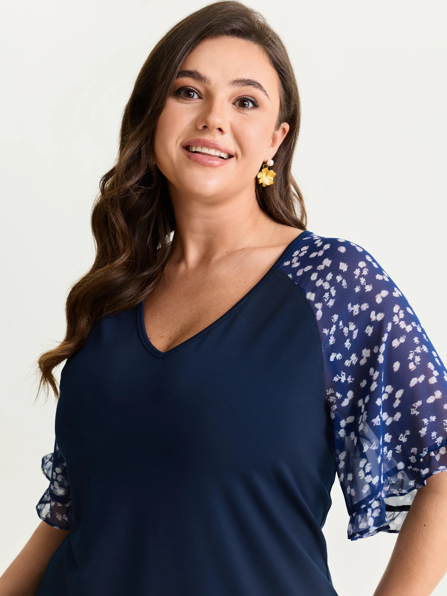 Sheer Floral Print Ruffled Cuff Sleeve Top - Image 2