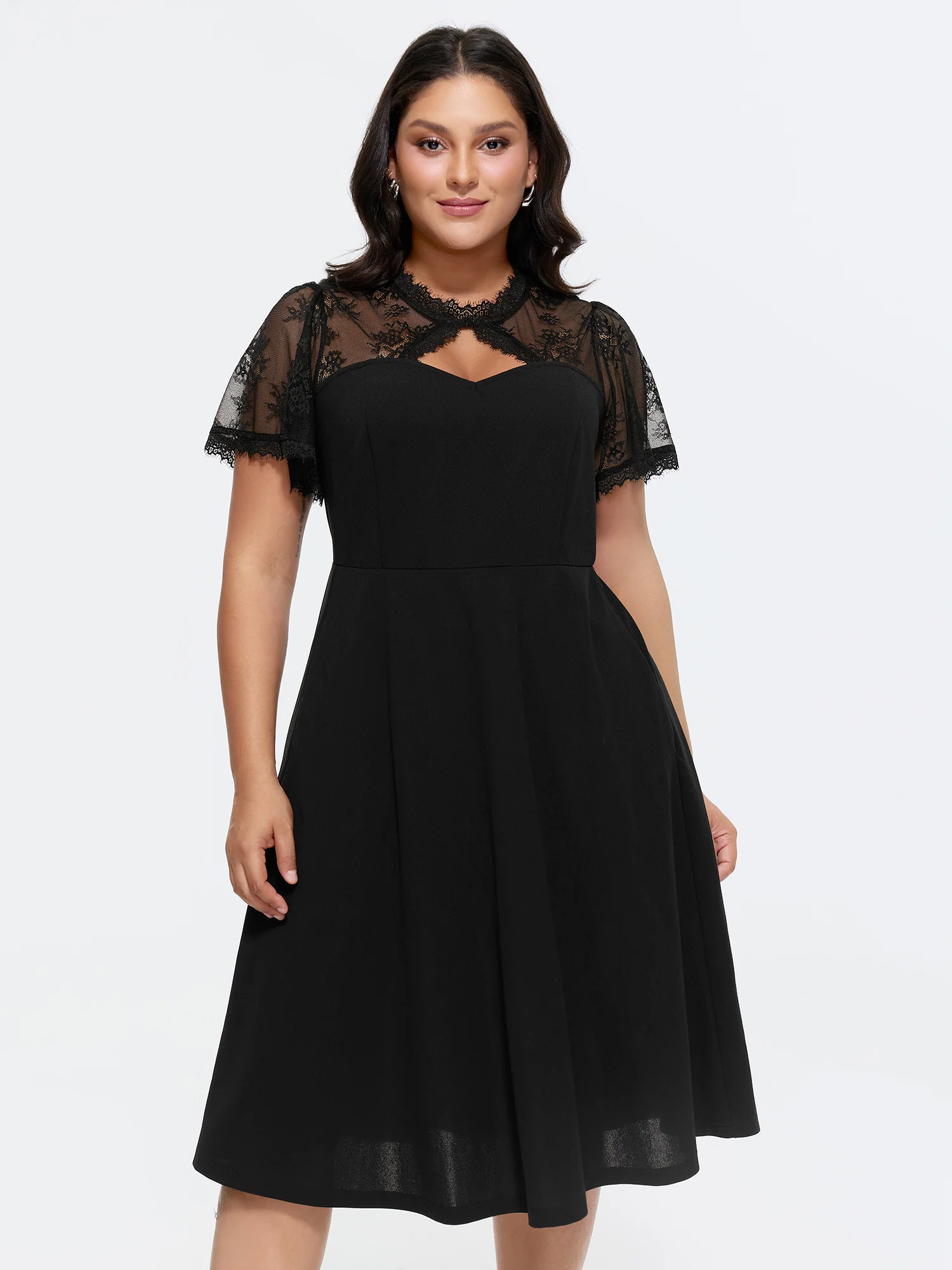 Sheer Lace Neckline Sweetheart Midi Dress