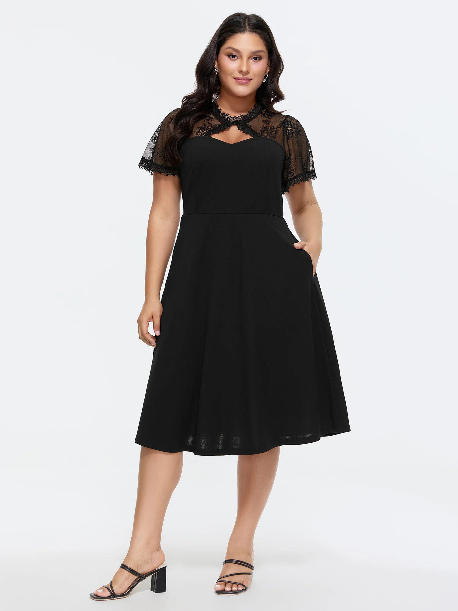 Sheer Lace Neckline Sweetheart Midi Dress - Image 3