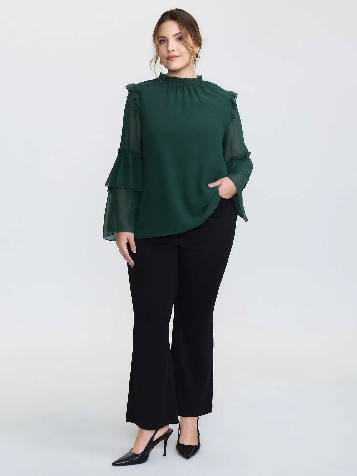 Shirred Layered Ruffled Sheer Sleeve Blouse