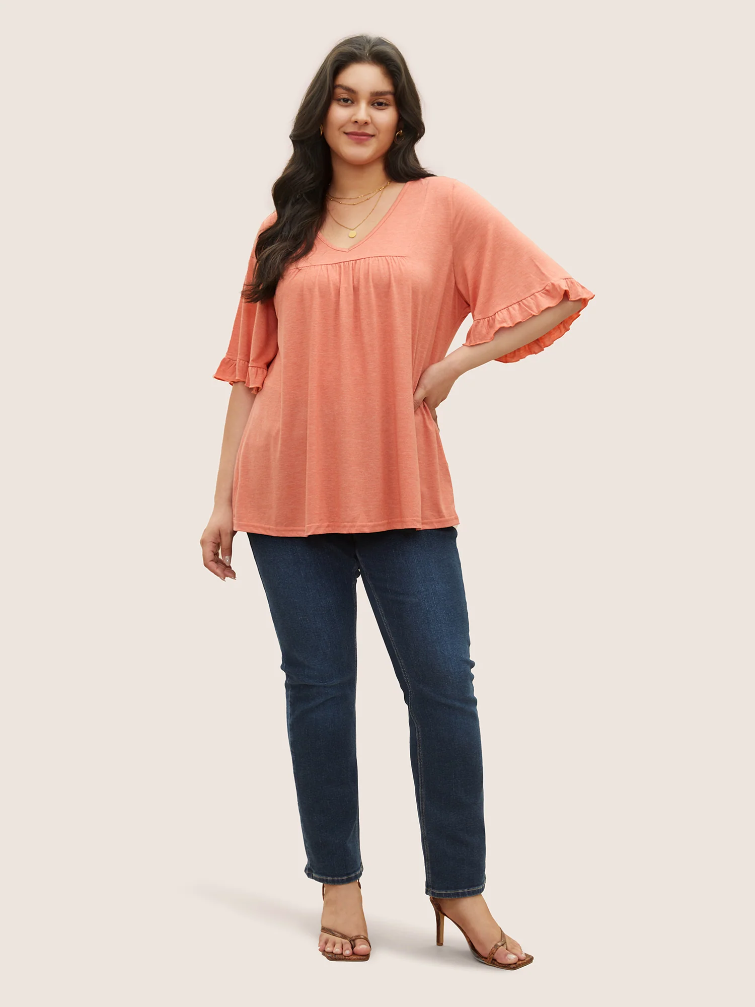 Solid Gathered Ruffle Trim Flounce Sleeve T-shirt - Image 3